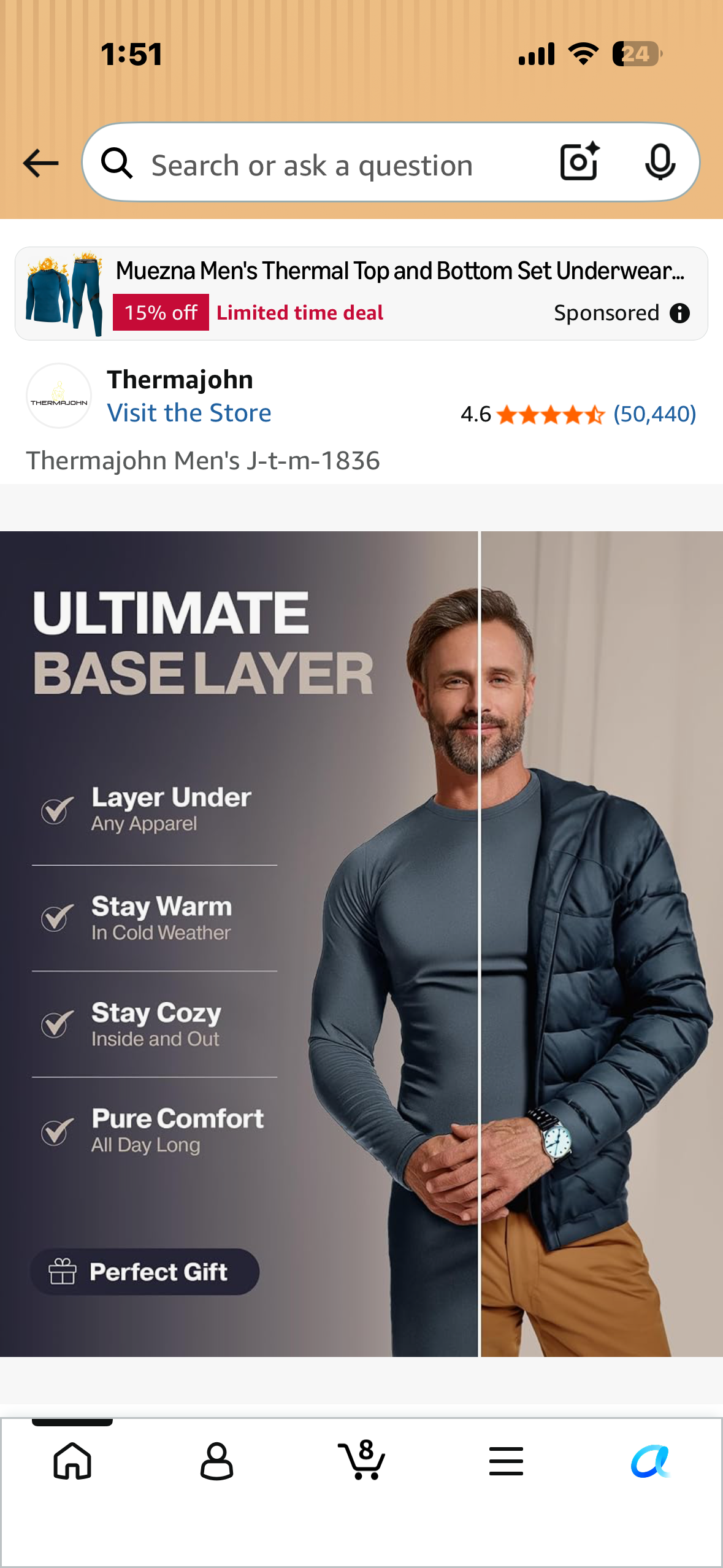 Thermajohn Men’s Ultra-Soft/Fleece-Lined Thermal Underwear 2-Piece Set (Size Large)
