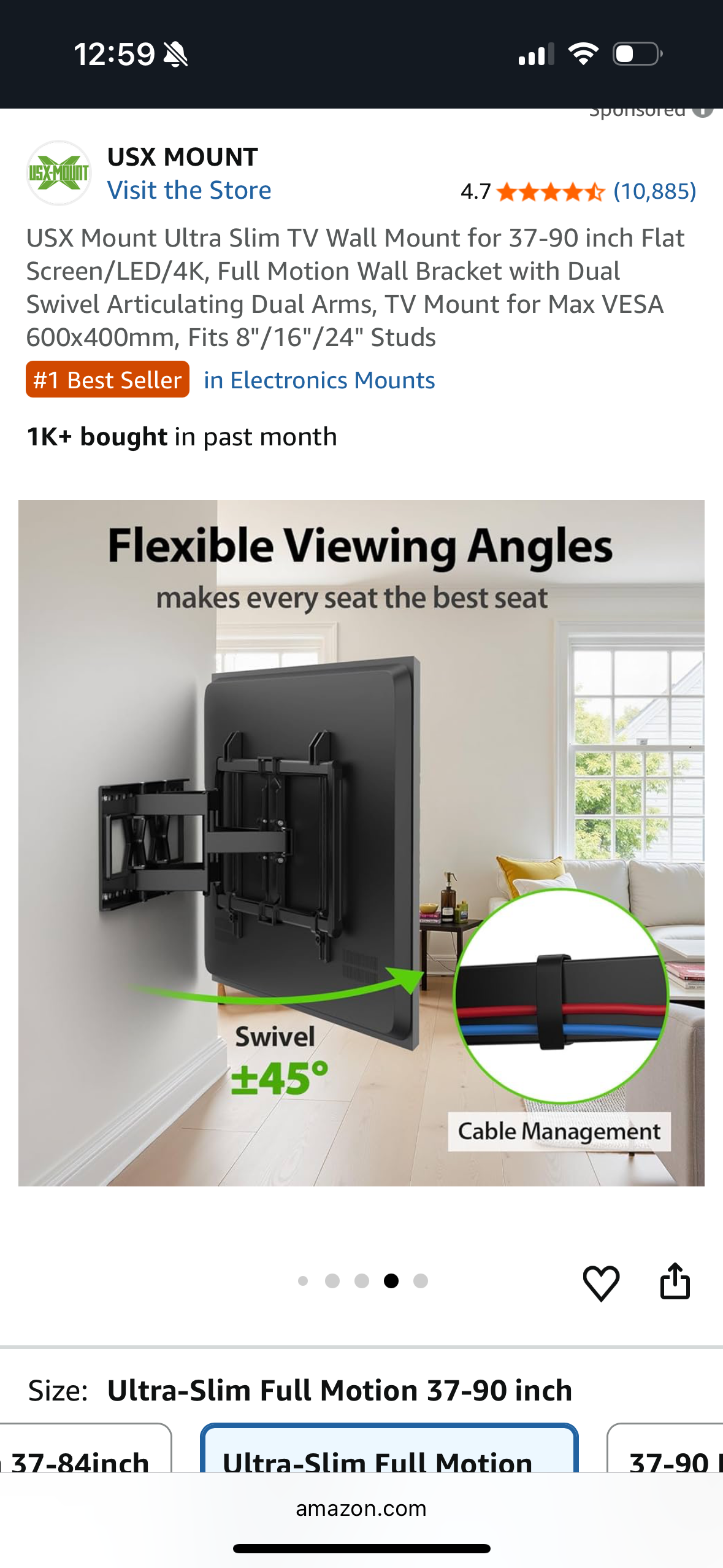 USX Mount Ultra Slim TV Wall Mount for 37-90 inch Flat Screen/LED/4K, Full Motion Wall Bracket with Dual Swivel Articulating Dual Arms, TV Mount for Max VESA 600x400mm, Fits 8"/16"/24" Studs