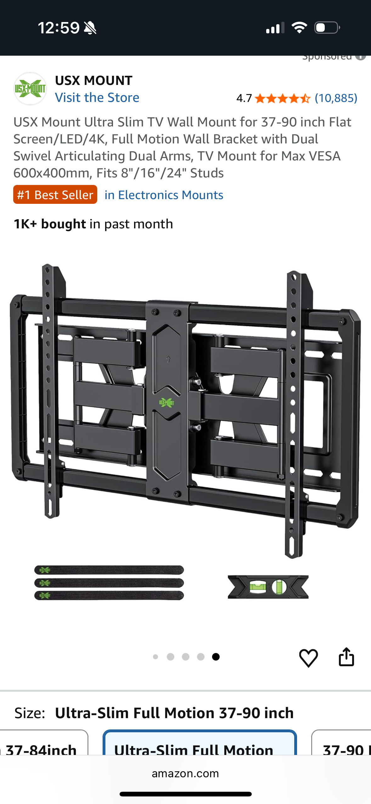 USX Mount Ultra Slim TV Wall Mount for 37-90 inch Flat Screen/LED/4K, Full Motion Wall Bracket with Dual Swivel Articulating Dual Arms, TV Mount for Max VESA 600x400mm, Fits 8"/16"/24" Studs