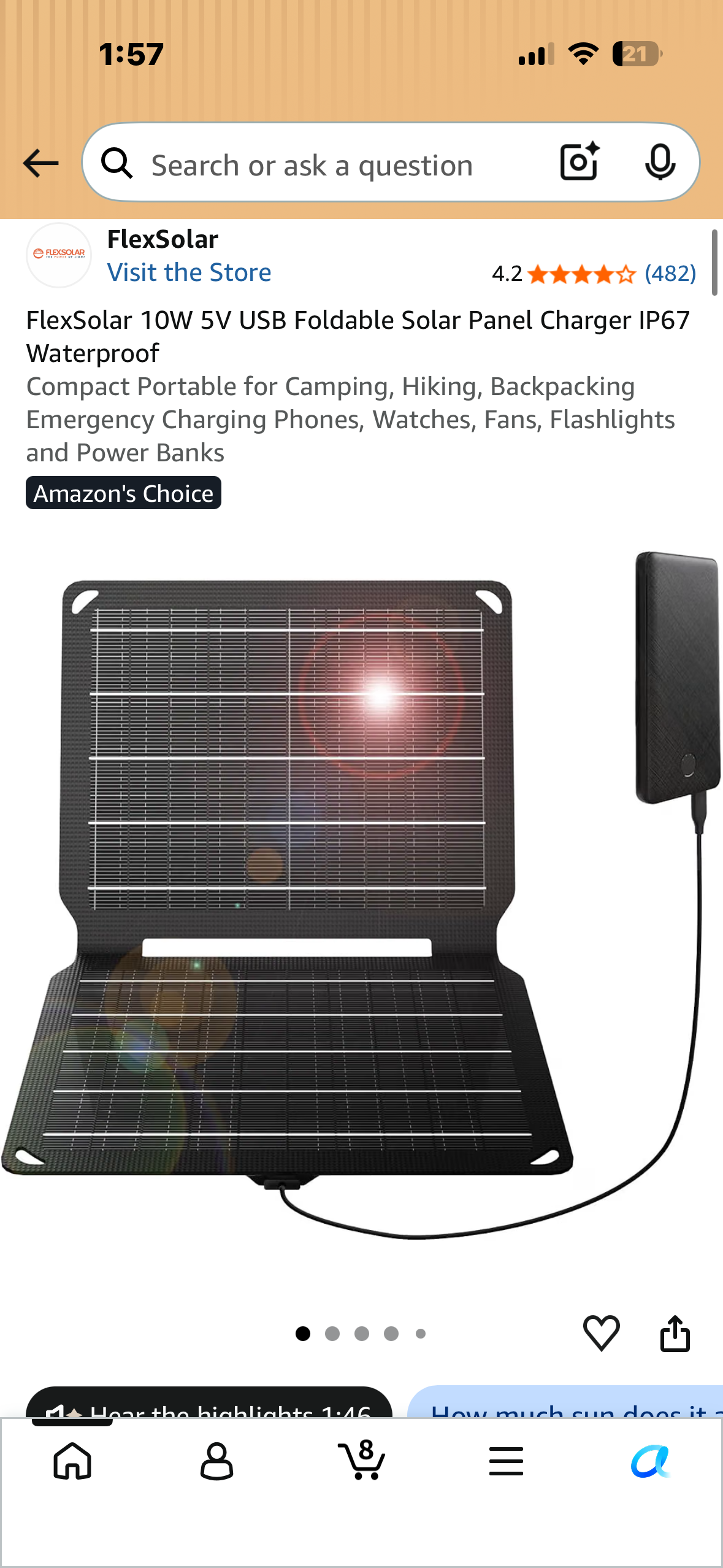 FlexSolar 10W 5V USB Foldable Solar Panel Charger, IP67 Waterproof, Compact, Portable for Camping, Hiking, Backpacking Emergency Charging Phones, Watches, Fans, Flashlights and Power Banks