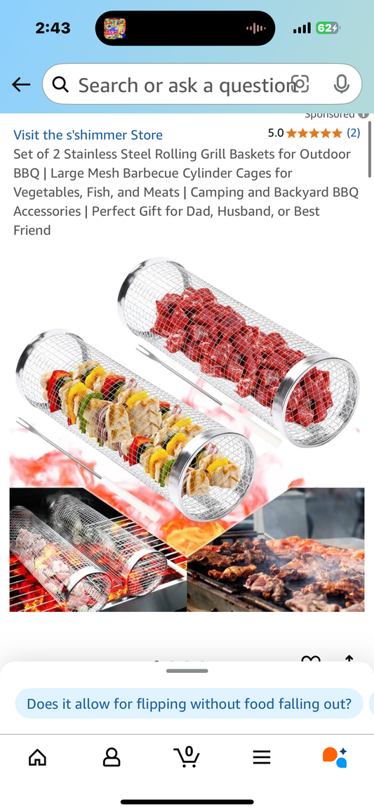 Set of 2 Stainless Steel Rolling Grill Baskets for Outdoor BBQ | Large Mesh Barbecue Cylinder Cages for Vegetables, Fish, and Meats | Camping and Backyard BBQ Accessories | Perfect Gift for Dad, Husband, or Best Friend