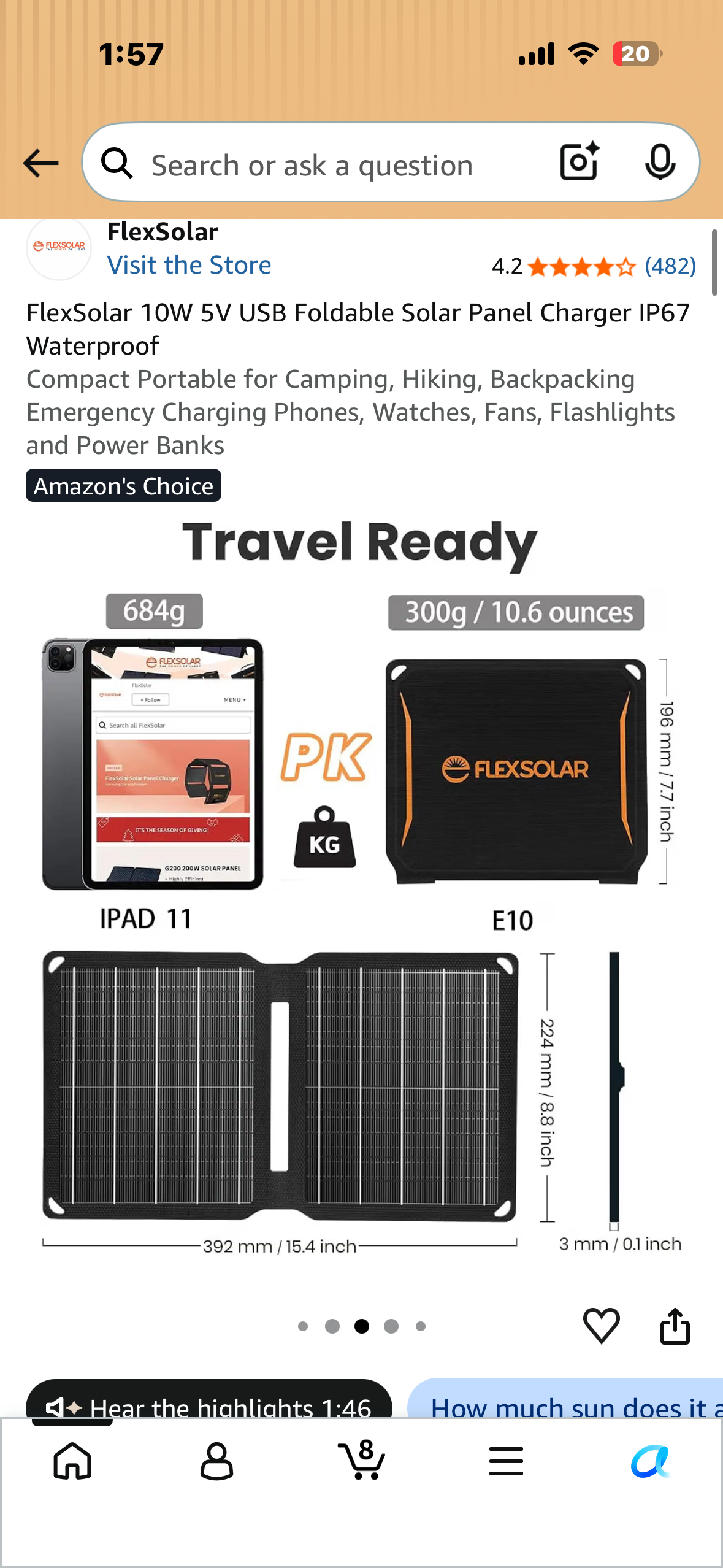 FlexSolar 10W 5V USB Foldable Solar Panel Charger, IP67 Waterproof, Compact, Portable for Camping, Hiking, Backpacking Emergency Charging Phones, Watches, Fans, Flashlights and Power Banks