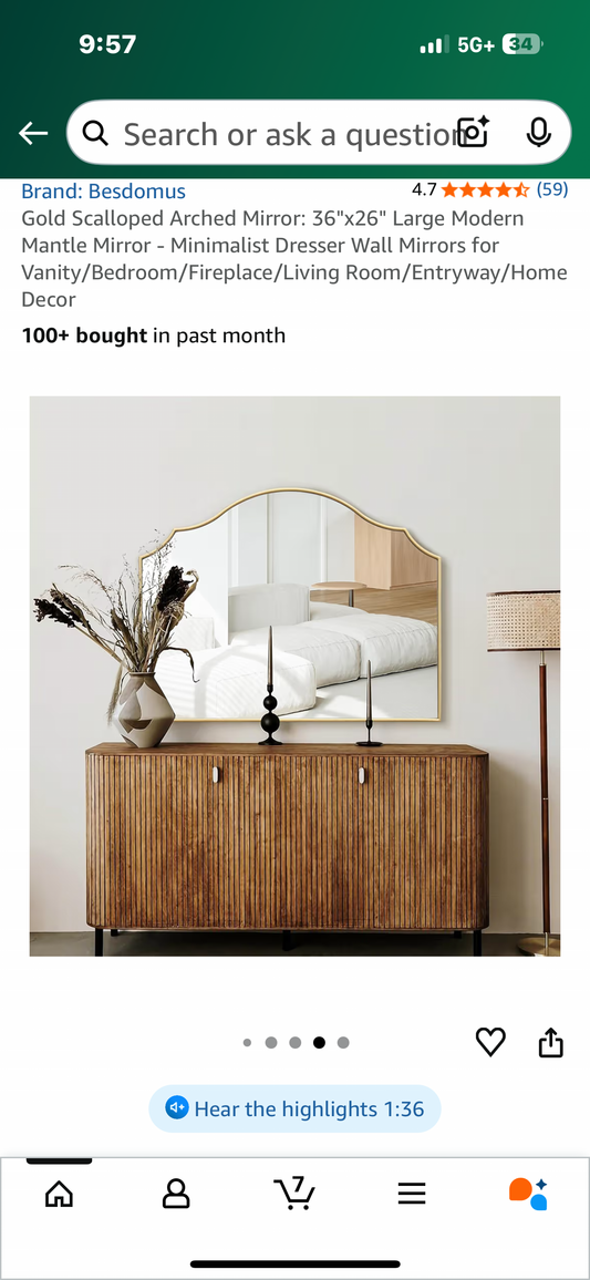 Gold Scalloped Arched Mirror , 36"x26" Large Modern Mantle Mirror, Minimalist Dresser/Wall Vanity/Bedroom/Fireplace/Living Room/Entryway/Home Decor (M415)