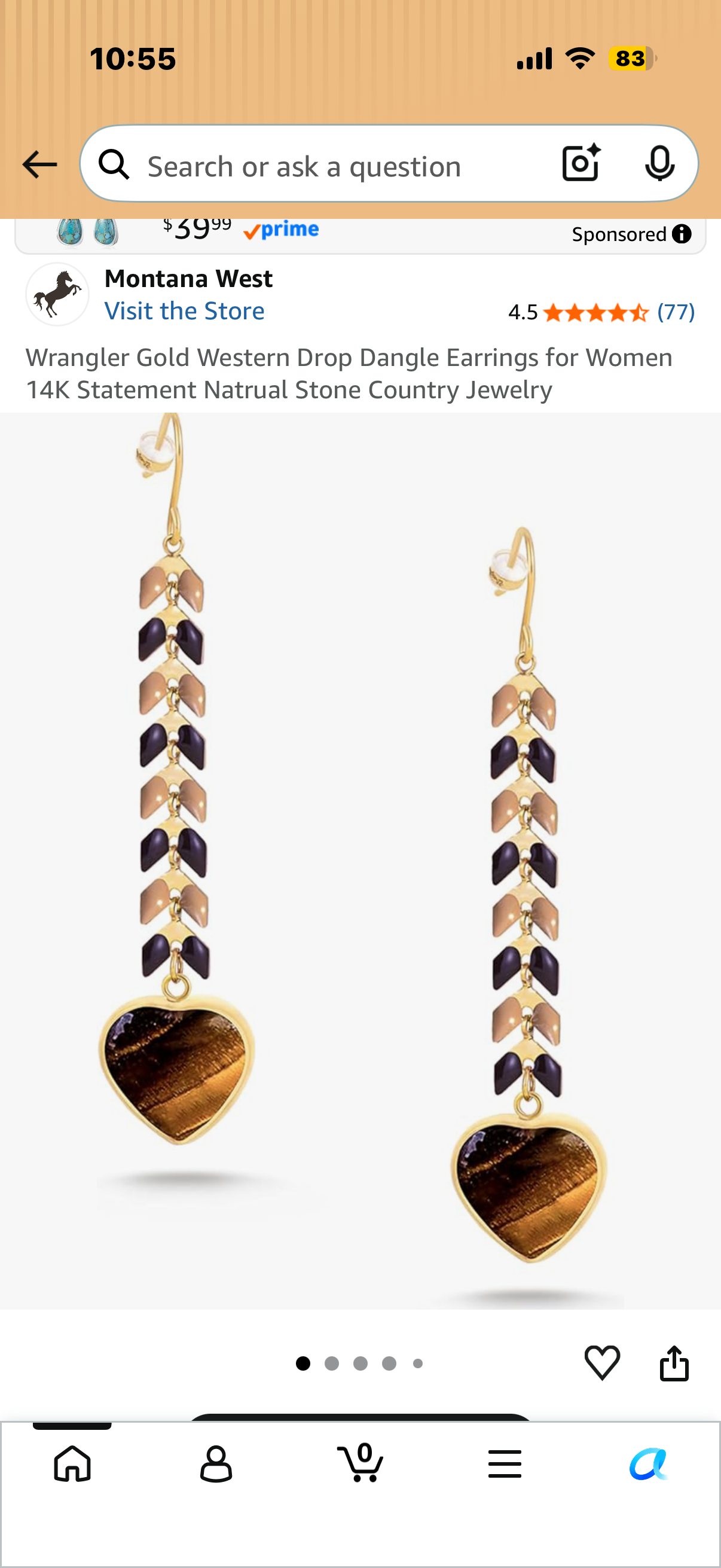 Wrangler Gold Western Drop Dangle Earrings for Women 14K Statement Natrual Stone Country Jewelry
