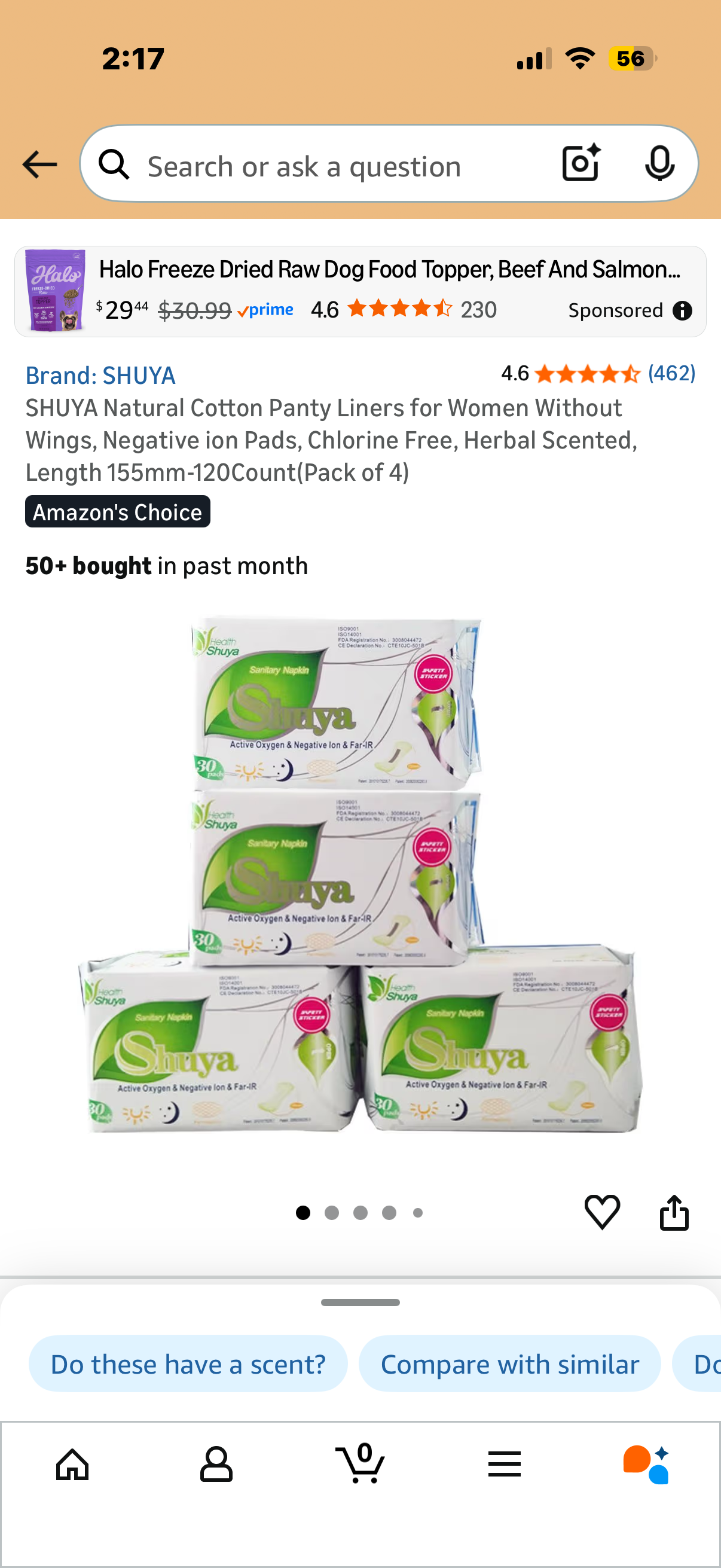 Natural Cotton Panty Liners for Women Without Wings, Negative ion Pads, Chlorine Free, Herbal Scented, Length 155mm-120Count(Pack of 4