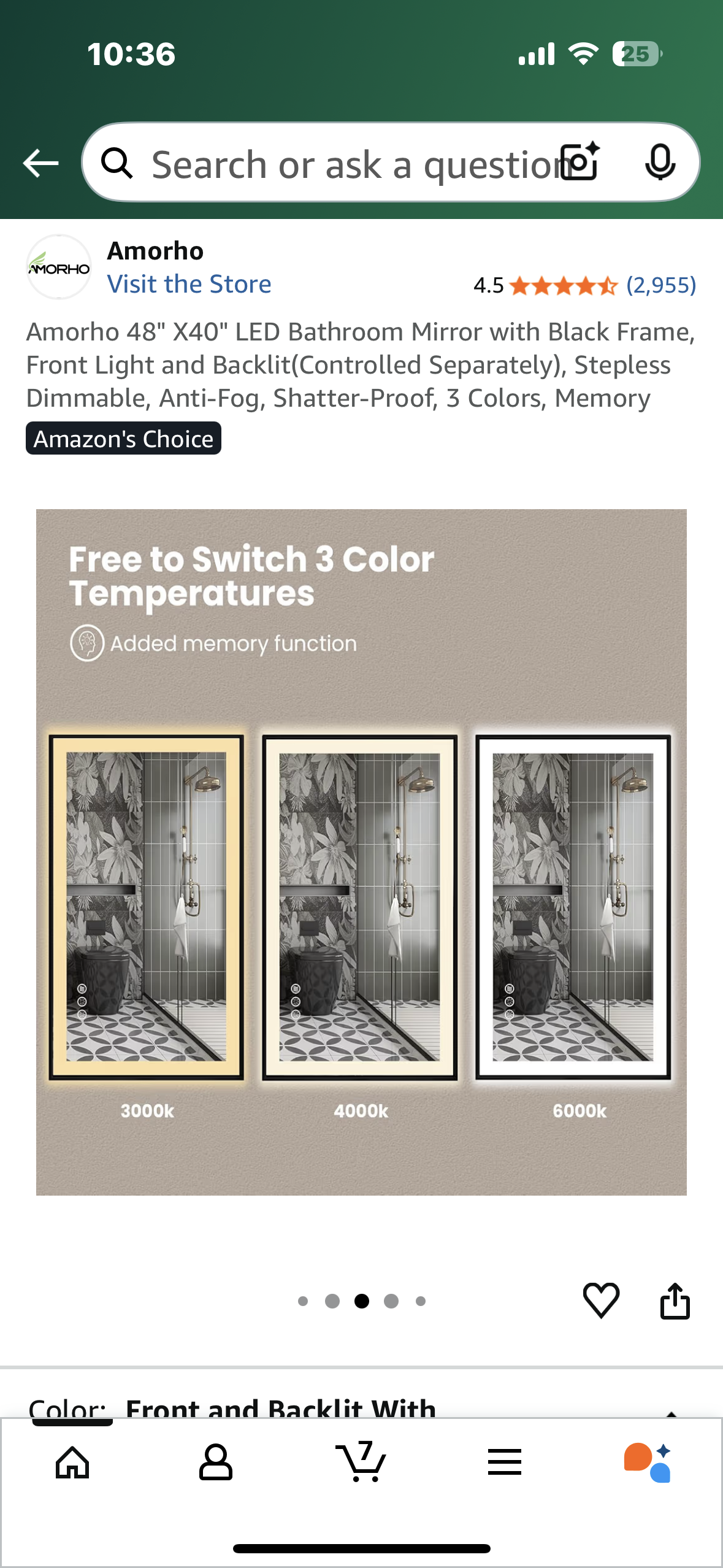 Amorho 48" X40" LED Bathroom Mirror with Black Frame, Front Light and Backlit(Controlled Separately), Stepless Dimmable, Anti-Fog, Shatter-Proof, 3 Colors, Memory (M416)