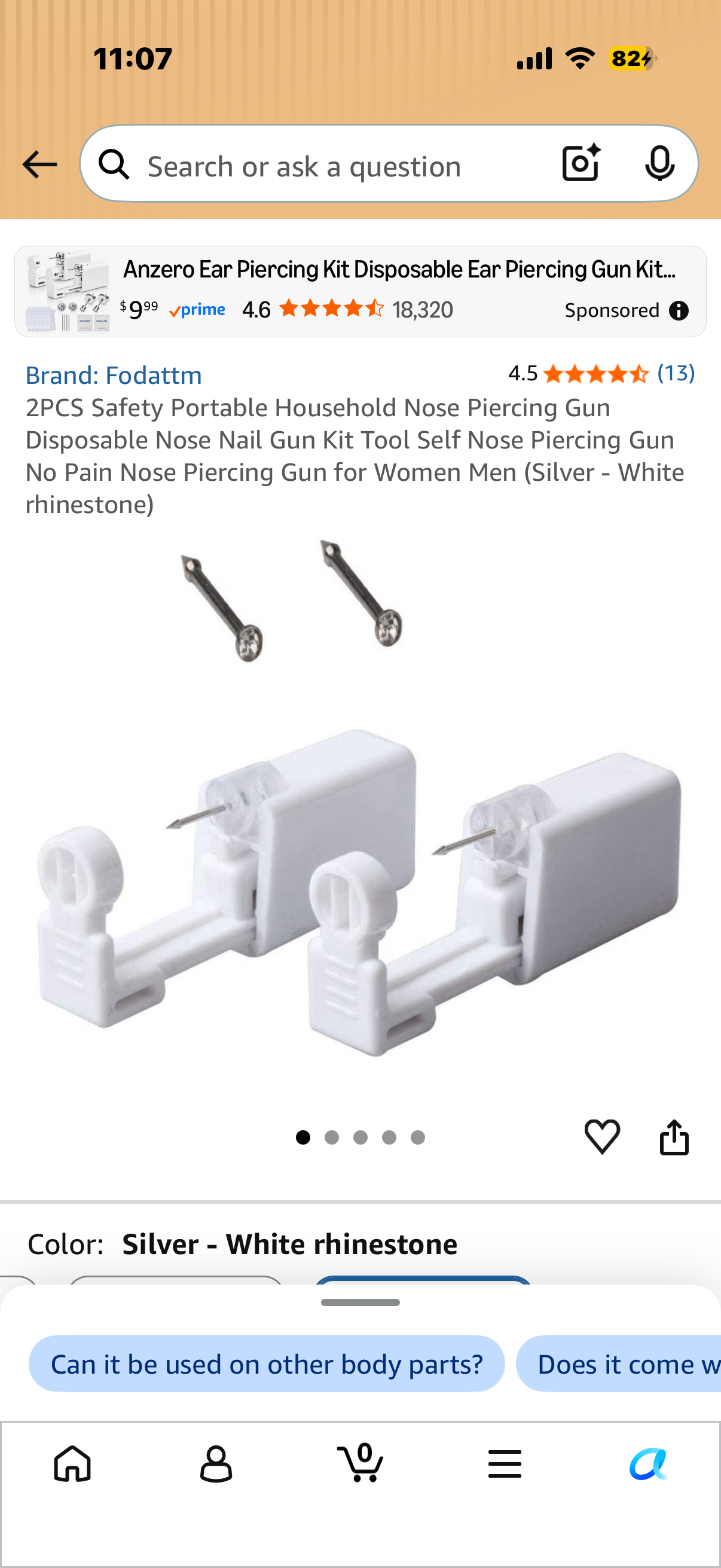 2PCS Safety Portable Household Nose Piercing Gun Disposable Nose Nail Gun Kit Tool Self Nose Piercing Gun No Pain Nose Piercing Gun for Women Men (Silver - White rhinestone