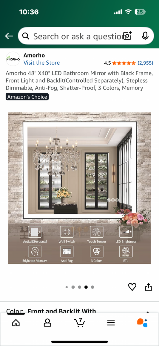 Amorho 48" X40" LED Bathroom Mirror with Black Frame, Front Light and Backlit(Controlled Separately), Stepless Dimmable, Anti-Fog, Shatter-Proof, 3 Colors, Memory (M416)