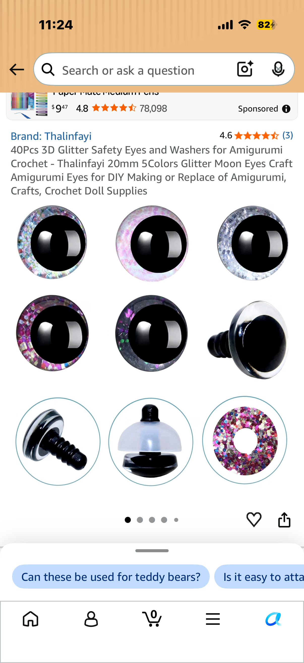 40Pcs 3D Glitter Safety Eyes and Washers for Amigurumi Crochet - Thalinfayi 20mm 5Colors Glitter Moon Eyes Craft Amigurumi Eyes for DIY Making or Replace of Amigurumi, Crafts, Crochet Doll Supplies
