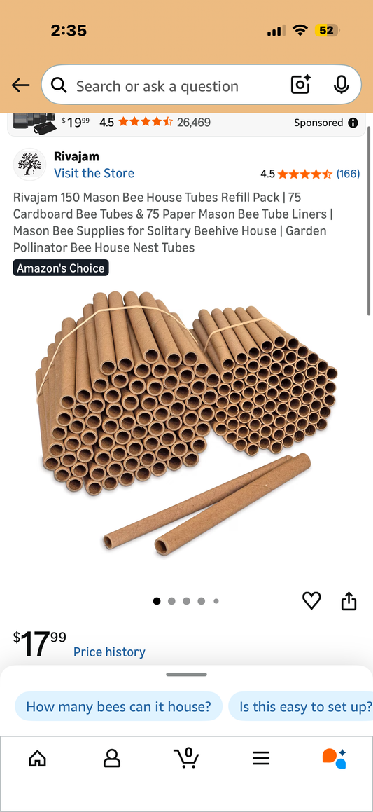 Rivajam 150 Mason Bee House Tubes Refill Pack | 75 Cardboard Bee Tubes & 75 Paper Mason Bee Tube Liners | Mason Bee Supplies for Solitary Beehive House | Garden Pollinator Bee House Nest Tubes