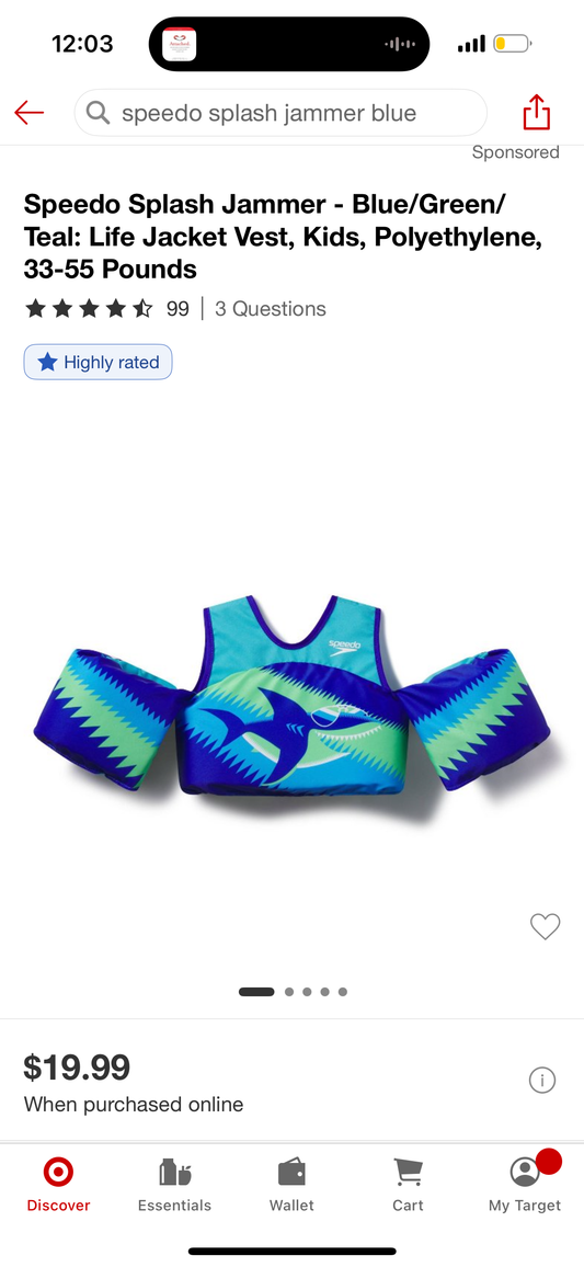 Speedo Splash Jammer - Blue/Green/ Teal: Life Jacket Vest, Kids, Polyethylene, 33-55 Pounds