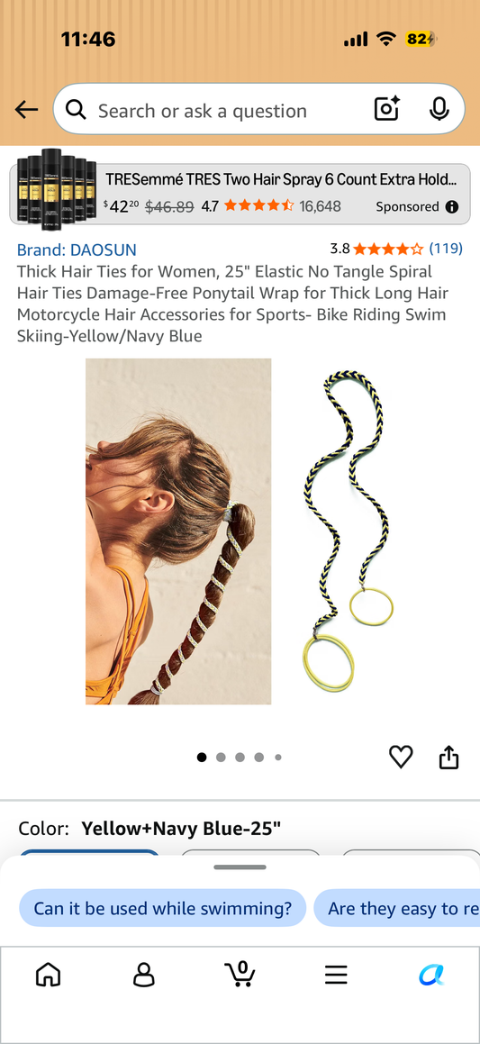 ‼️2 for $3‼️ Thick Hair Ties for Women, 25" Elastic No Tangle Spiral Hair Ties Damage-Free Ponytail Wrap for Thick Long Hair Motorcycle Hair Accessories for Sports- Bike Riding Swim Skiing-Yellow/Navy Blue