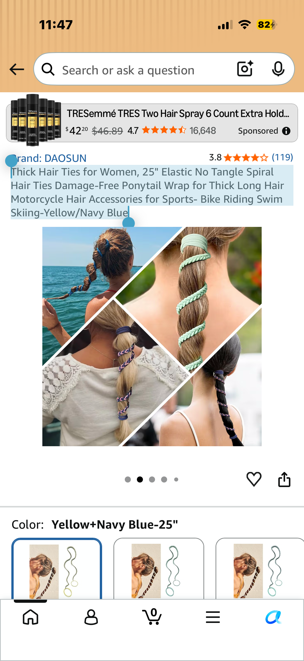 ‼️2 for $3‼️ Thick Hair Ties for Women, 25" Elastic No Tangle Spiral Hair Ties Damage-Free Ponytail Wrap for Thick Long Hair Motorcycle Hair Accessories for Sports- Bike Riding Swim Skiing-Yellow/Navy Blue