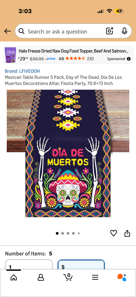 Mexican Table Runner 5 Pack, Day of The Dead, Dia De Los Muertos Decorations Altar, Fiesta Party, 70.9×13 Inch