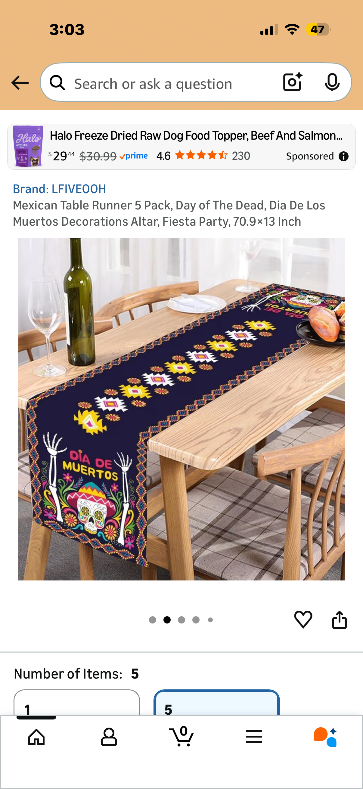 Mexican Table Runner 5 Pack, Day of The Dead, Dia De Los Muertos Decorations Altar, Fiesta Party, 70.9×13 Inch