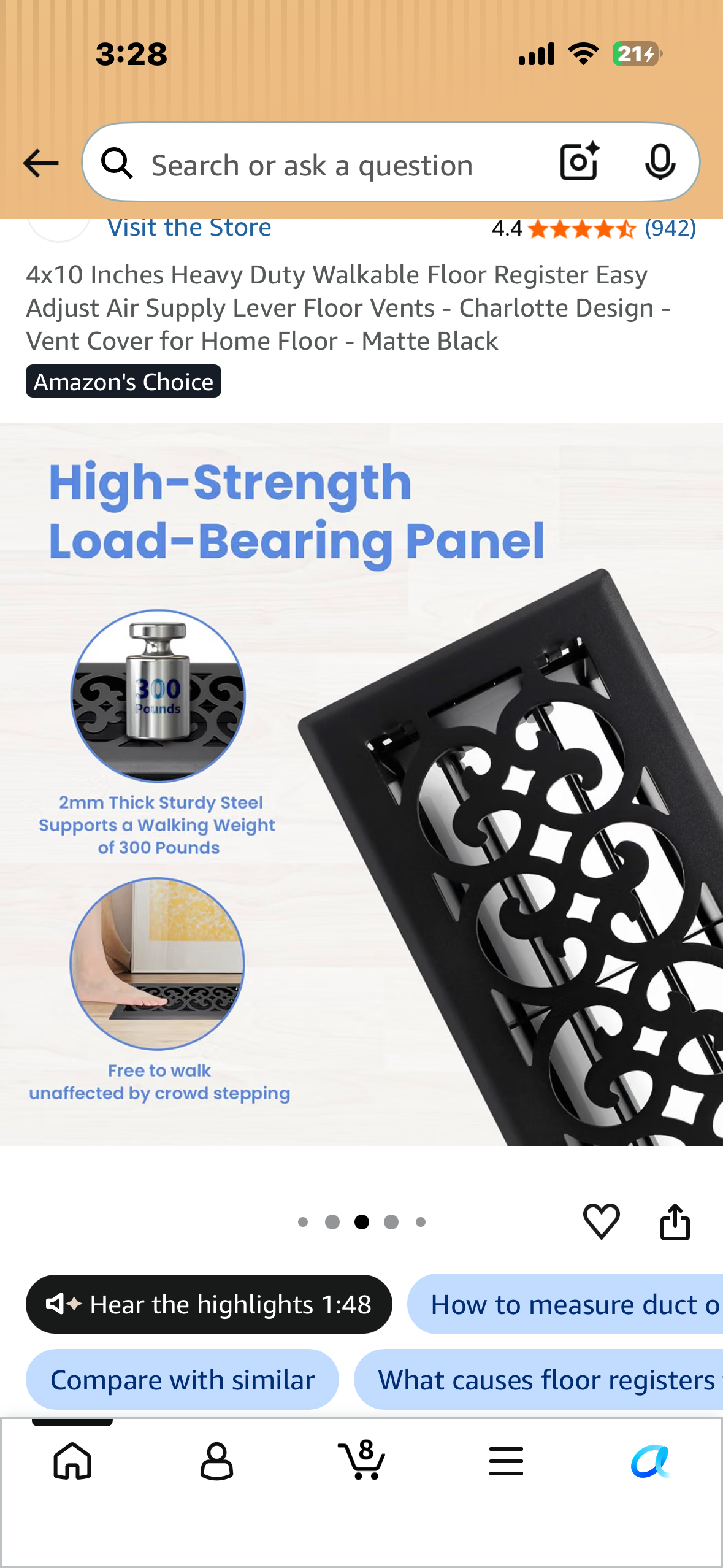 4x10 Inches Heavy Duty Walkable Floor Register Easy Adjust Air Supply Lever Floor Vents - Charlotte Design - Vent Cover for Home Floor - Matte Black