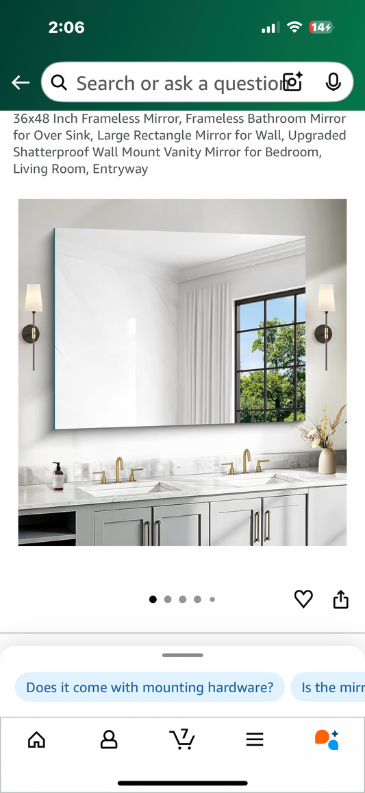 36” x 48” Frameless Mirror, Upgraded Shatterproof, Wall Mount, Vanity Mirror for Bedroom, Living Room, Entryway (M419)