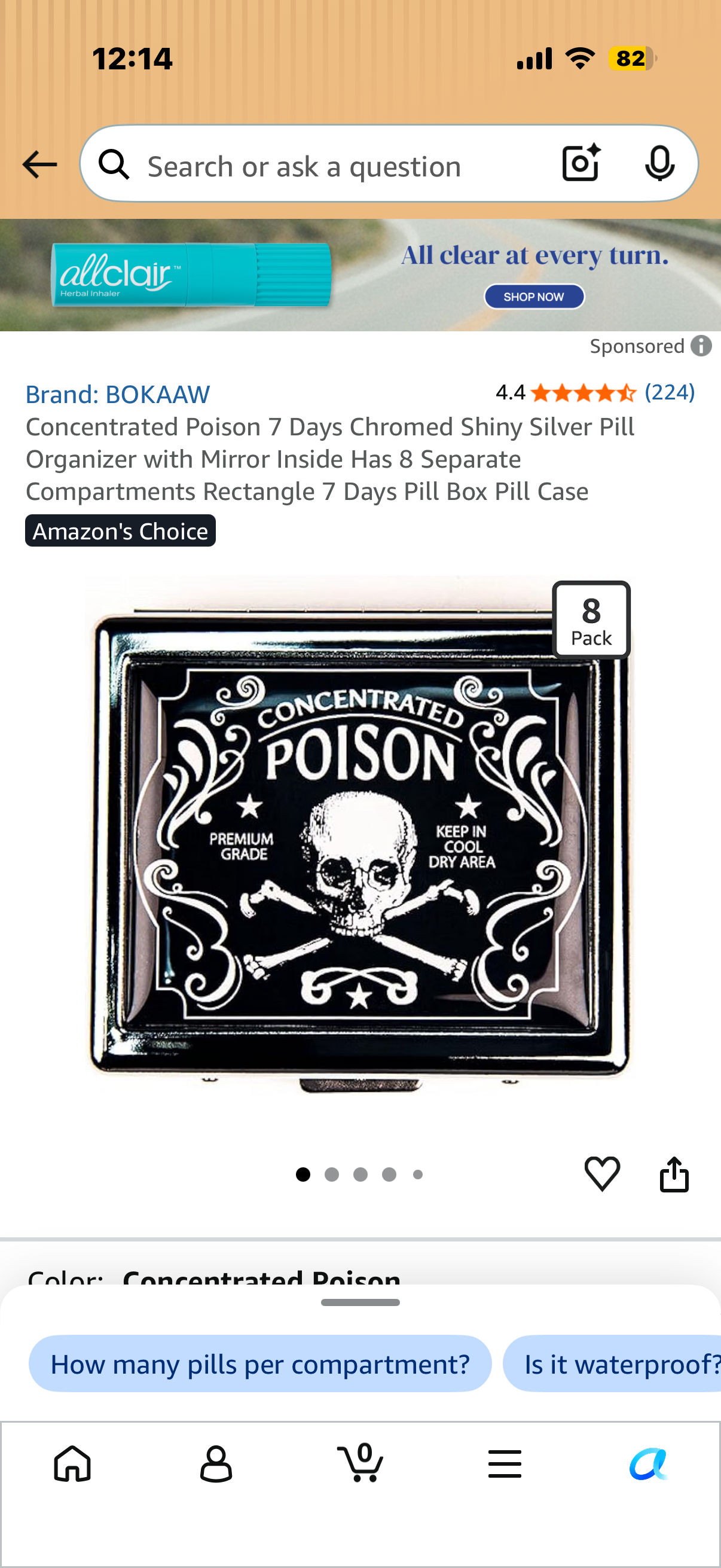 Concentrated Poison 7 Days Chromed Shiny Silver Pill Organizer with Mirror Inside Has 8 Separate Compartments Rectangle 7 Days Pill Box Pill Case