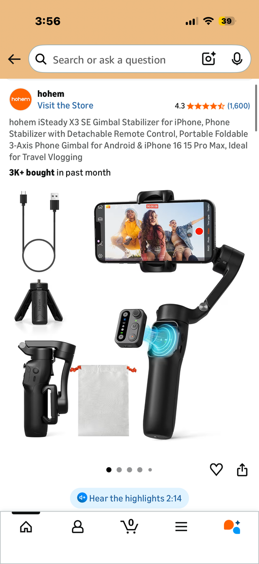 hohem iSteady X3 SE Gimbal Stabilizer for iPhone, Phone Stabilizer with Detachable Remote Control, Portable Foldable 3-Axis Phone Gimbal for Android & iPhone 16 15 Pro Max, Ideal for Travel Vlogging