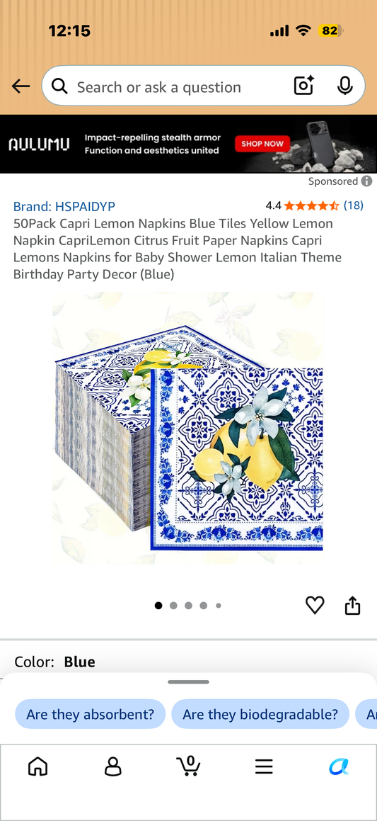 50Pack Capri Lemon Napkins Blue Tiles Yellow Lemon Napkin CapriLemon Citrus Fruit Paper Napkins Capri Lemons Napkins for Baby Shower Lemon Italian Theme Birthday Party Decor (Blue