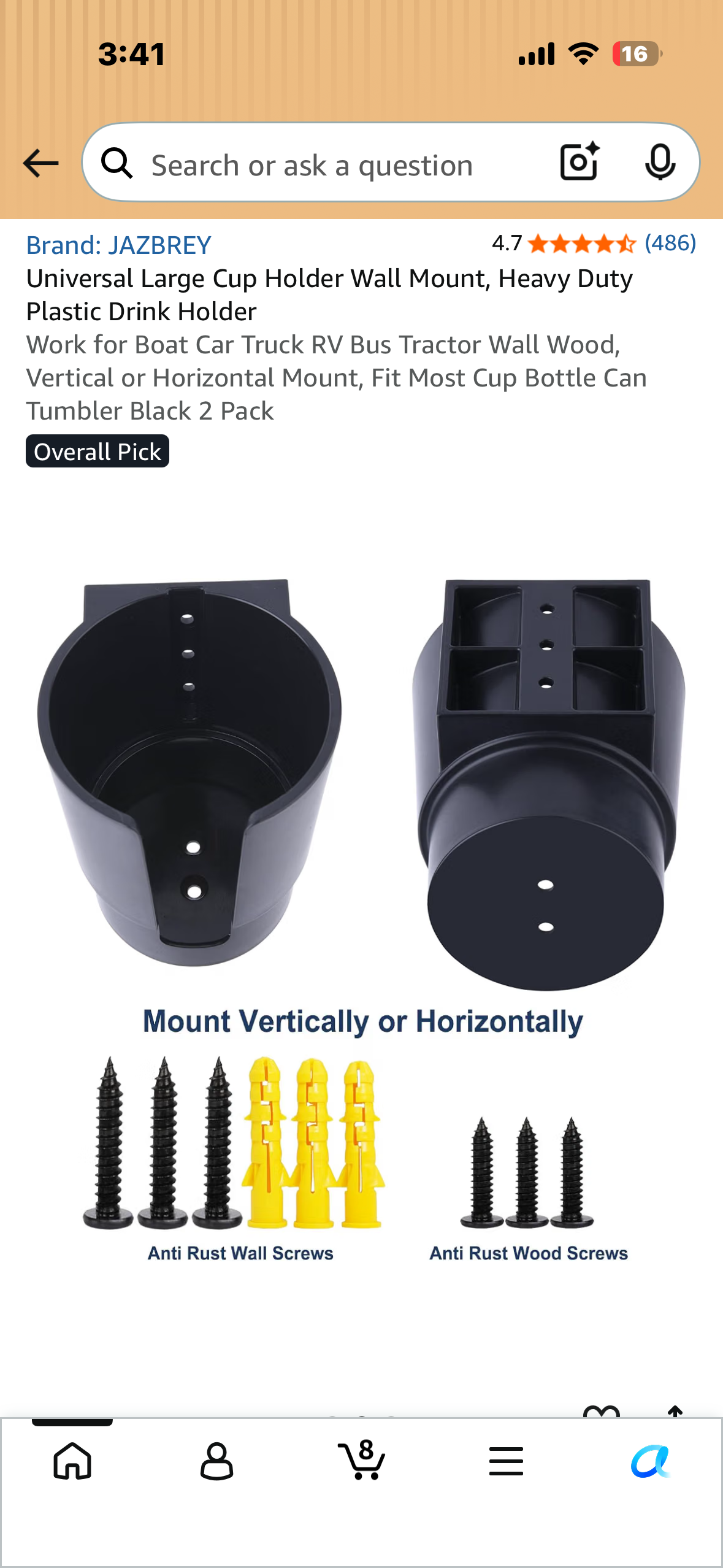 Universal Large Cup Holder, Wall Mount, Heavy Duty Plastic Drink Holder for Boat, Car Truck, RV, Bus,Tractor, FTC Vertical or Horizontal Mount, Fit Most Cup Bottle Can Tumbler Black 2 Pack