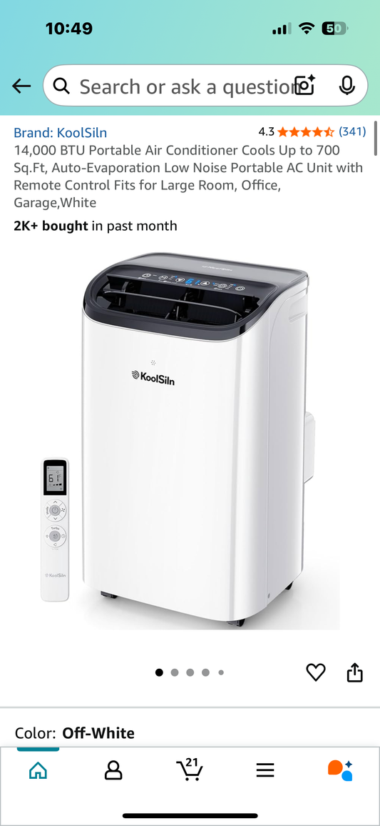 14,000 BTU Portable Air Conditioner, Cools Up to 700 Sq.Ft, Auto-Evaporation, Low Noise Portable AC Unit with Remote Control Fits for Large Room, Office, Garage,White (R629)