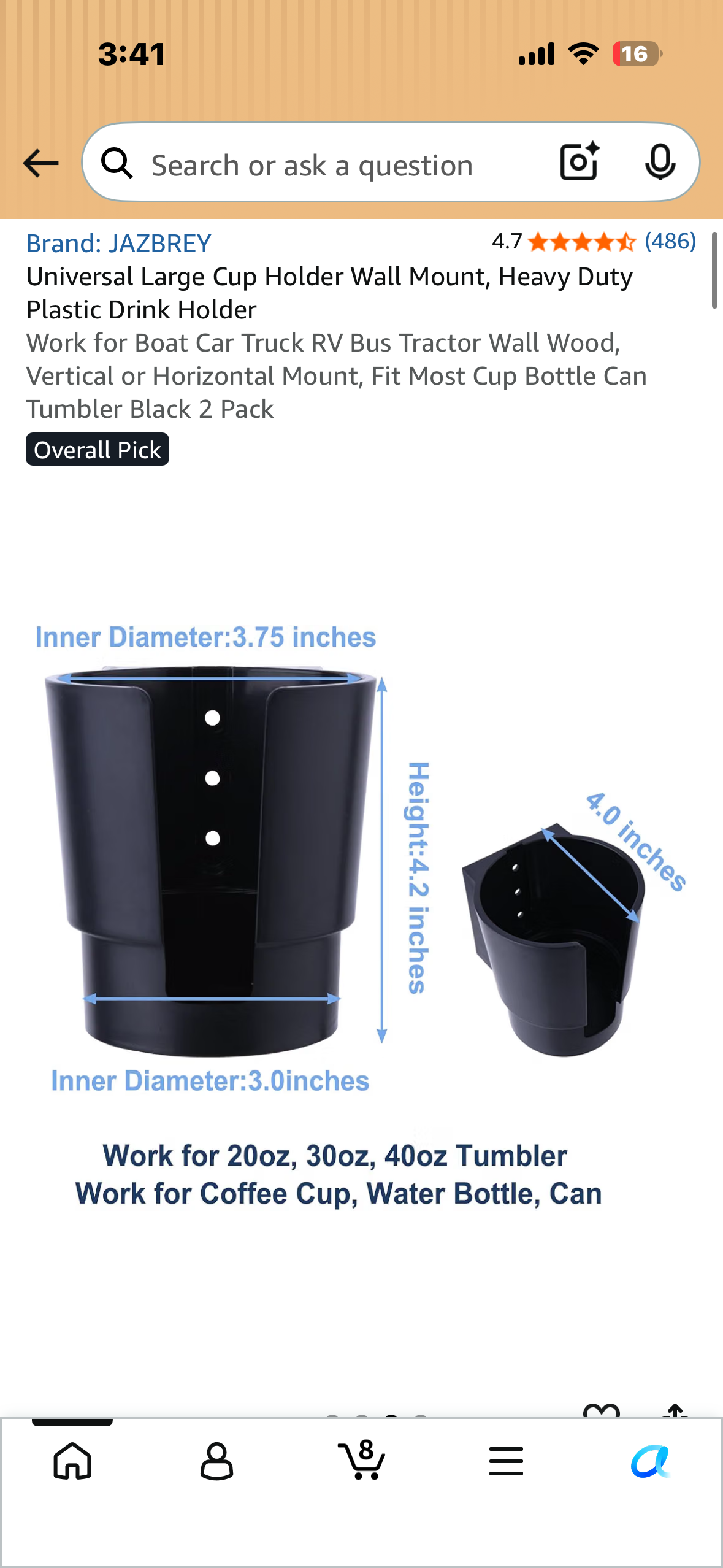 Universal Large Cup Holder, Wall Mount, Heavy Duty Plastic Drink Holder for Boat, Car Truck, RV, Bus,Tractor, FTC Vertical or Horizontal Mount, Fit Most Cup Bottle Can Tumbler Black 2 Pack
