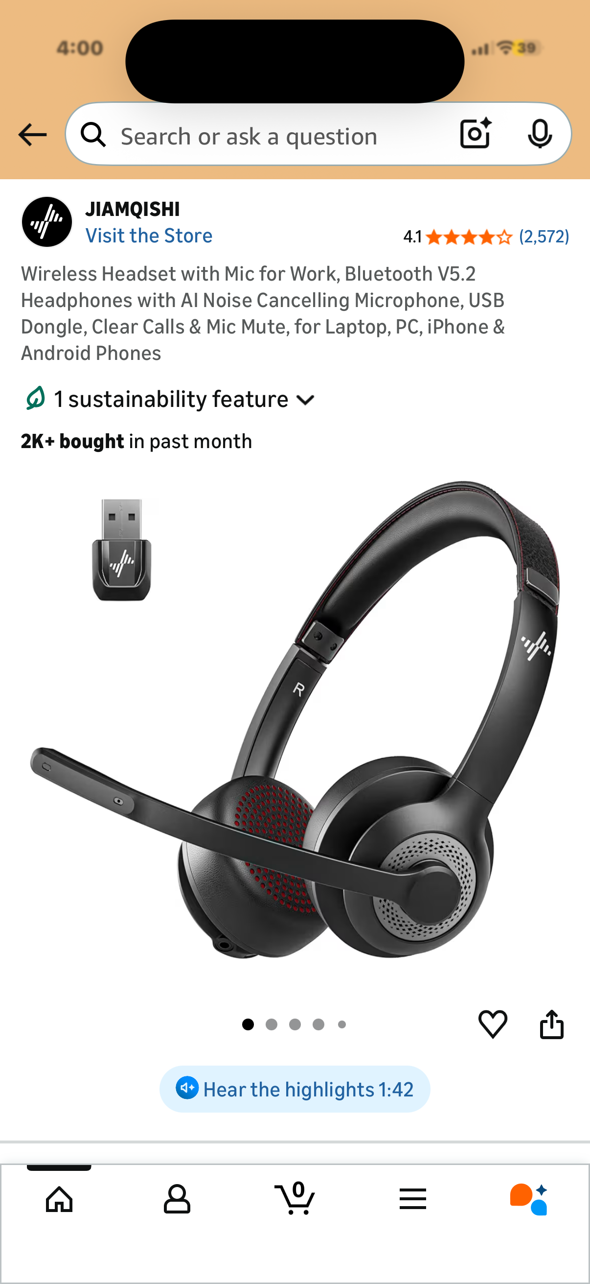 Wireless Headset with Mic for Work, Bluetooth V5.2 Headphones with AI Noise Cancelling Microphone, USB Dongle, Clear Calls & Mic Mute, for Laptop, PC, iPhone & Android Phones