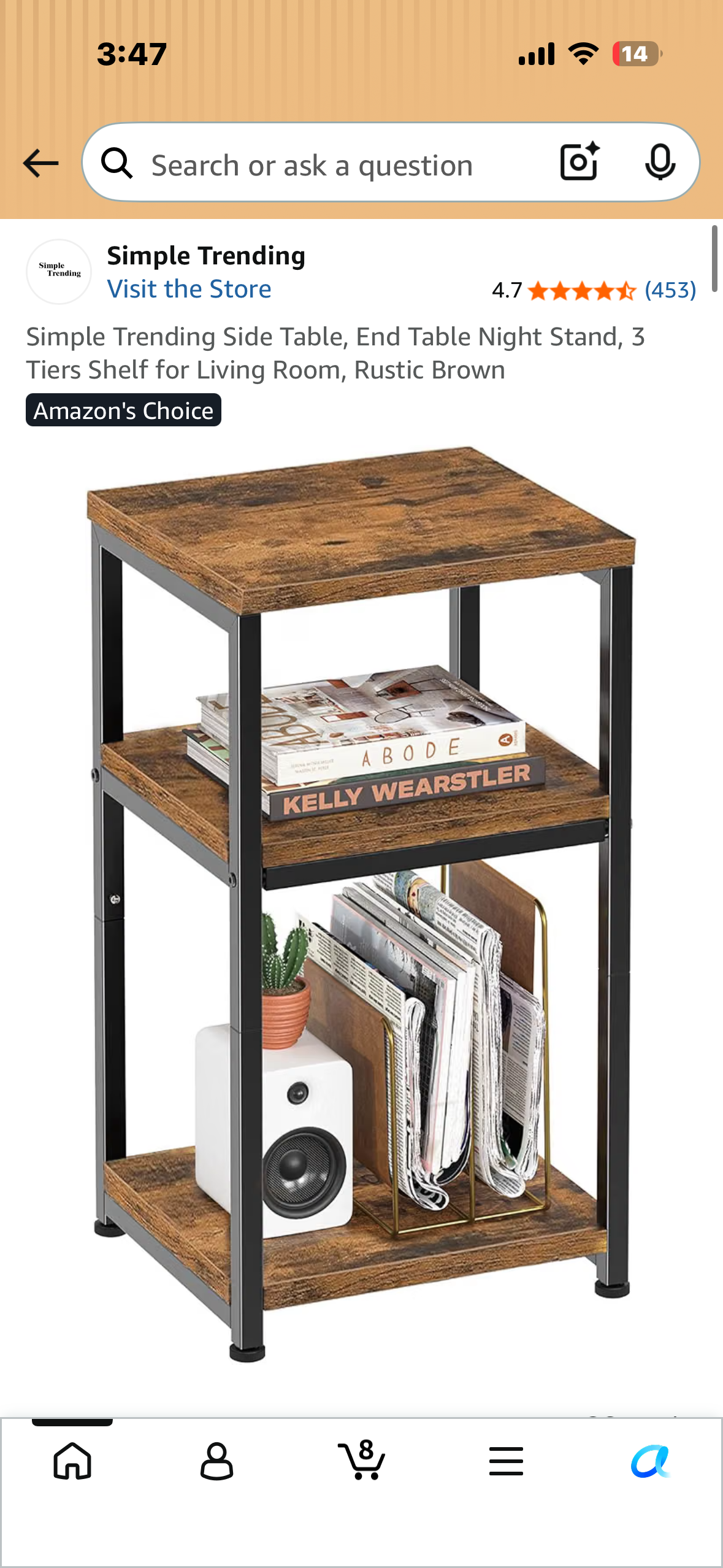 Simple Trending Side Table, End Table Night Stand, 3 Tiers Shelf for Living Room, Rustic Brown