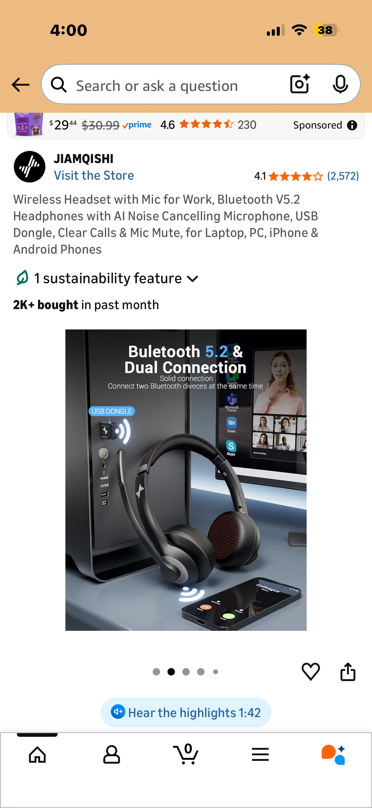 Wireless Headset with Mic for Work, Bluetooth V5.2 Headphones with AI Noise Cancelling Microphone, USB Dongle, Clear Calls & Mic Mute, for Laptop, PC, iPhone & Android Phones