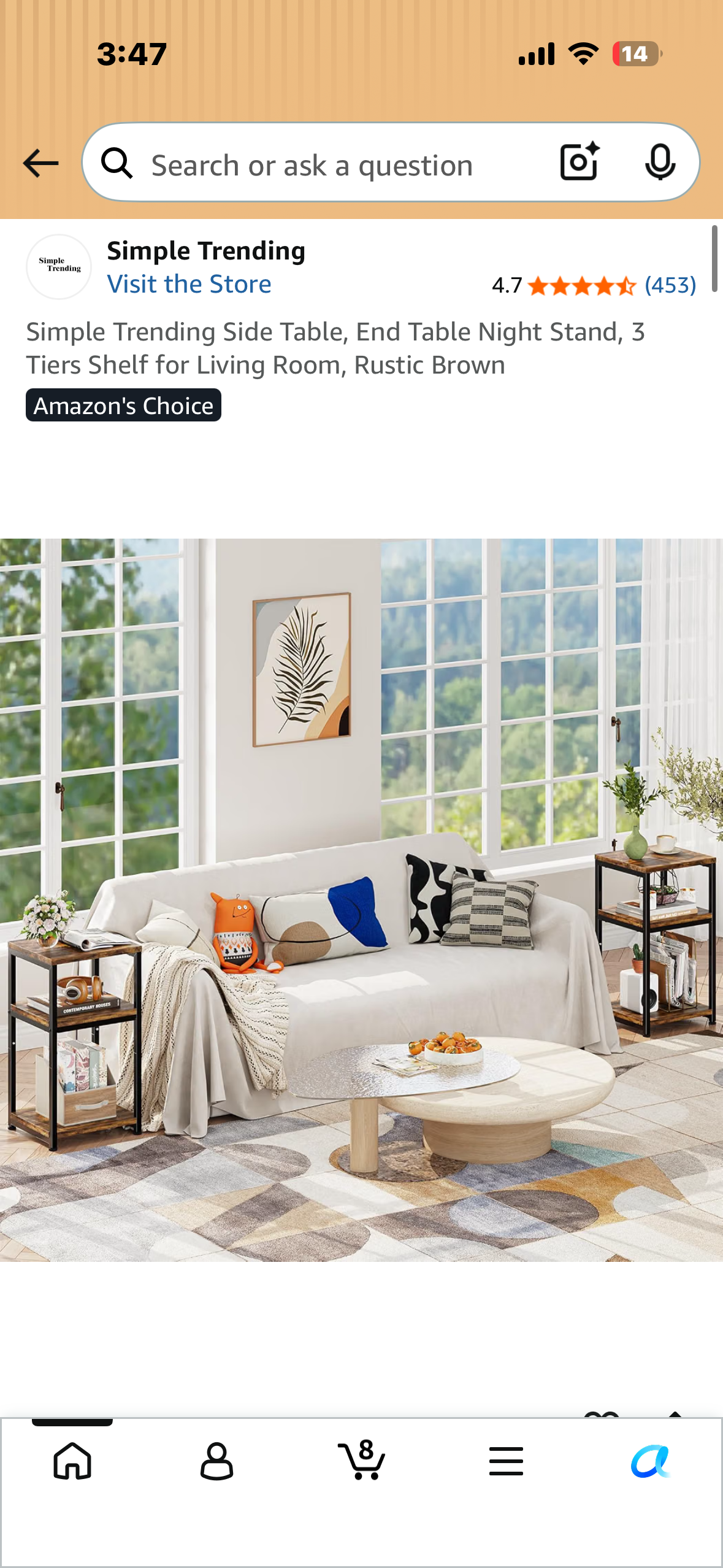 Simple Trending Side Table, End Table Night Stand, 3 Tiers Shelf for Living Room, Rustic Brown