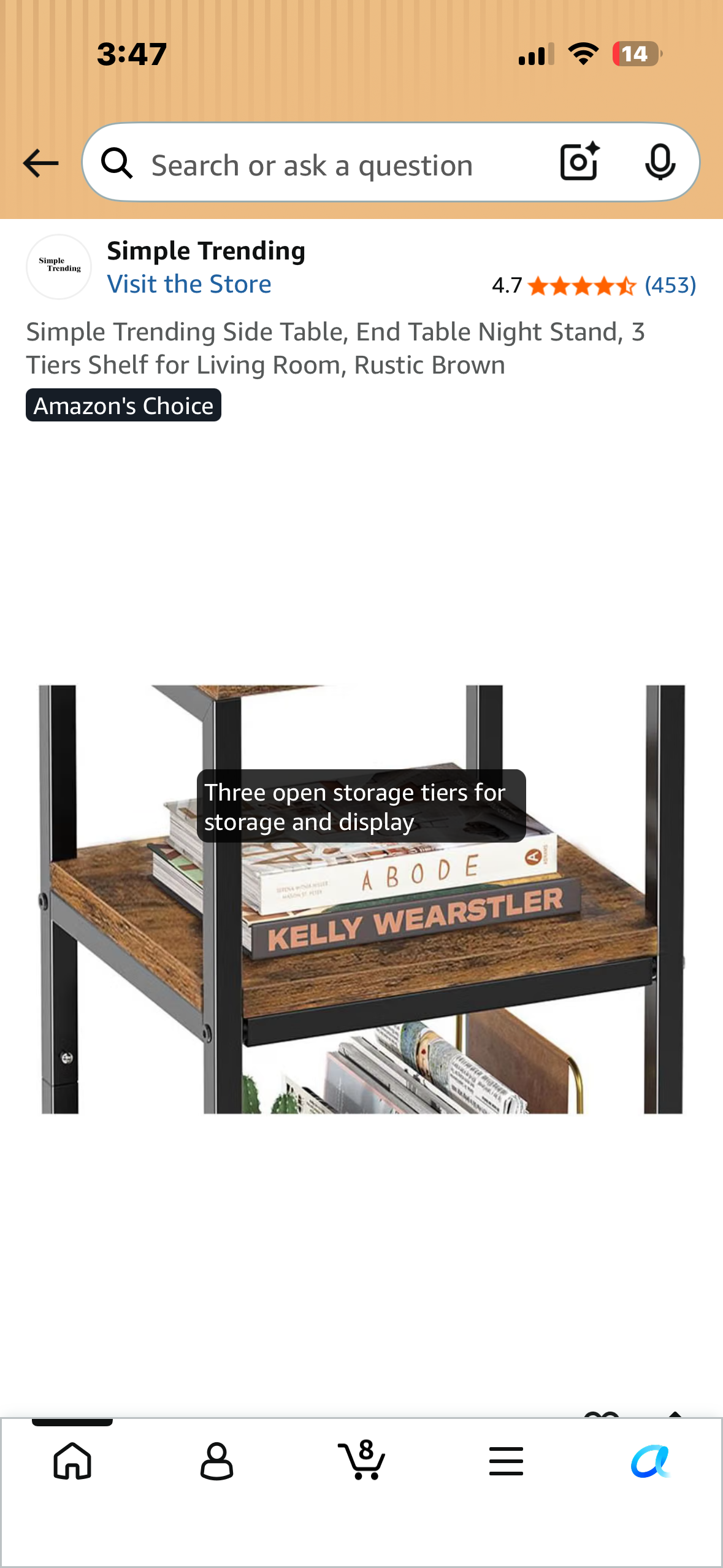 Simple Trending Side Table, End Table Night Stand, 3 Tiers Shelf for Living Room, Rustic Brown