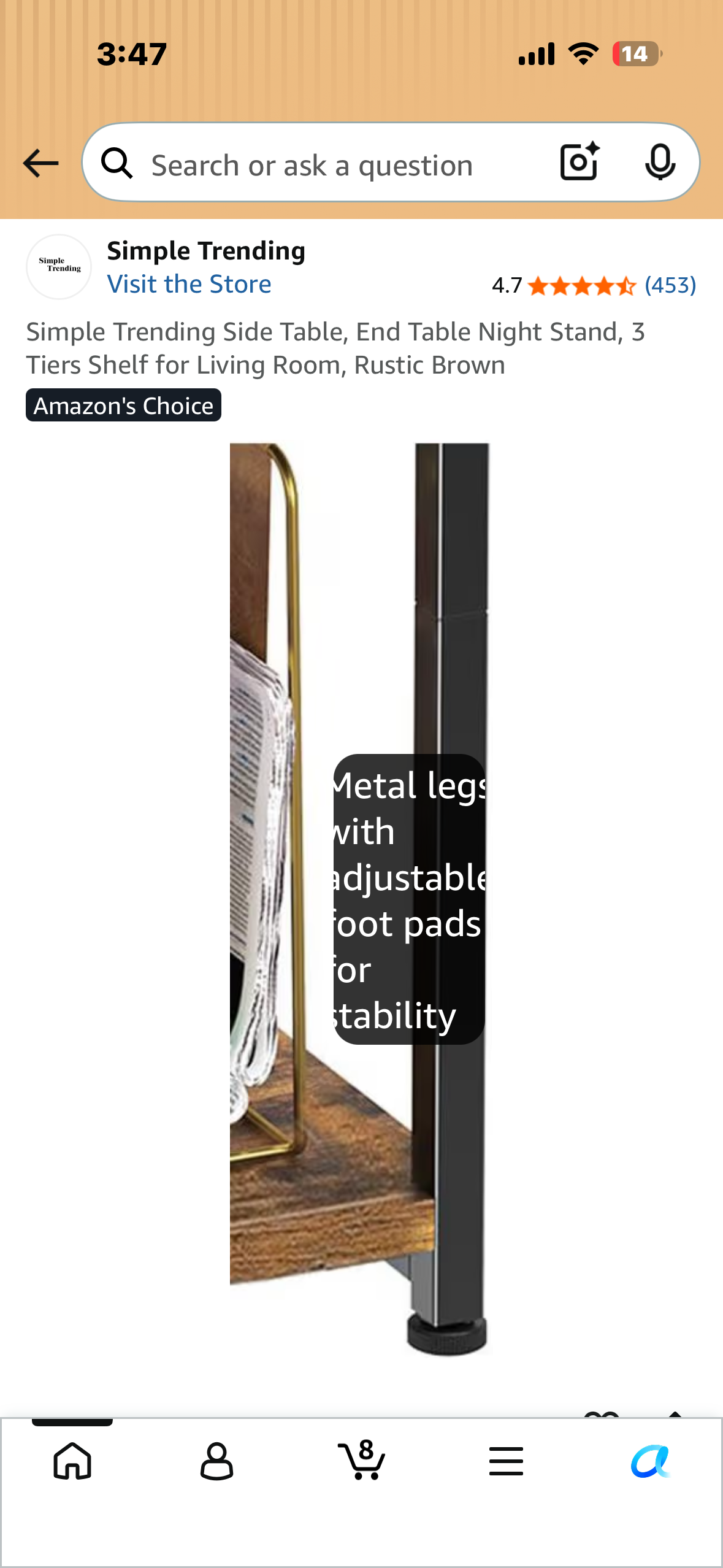 Simple Trending Side Table, End Table Night Stand, 3 Tiers Shelf for Living Room, Rustic Brown
