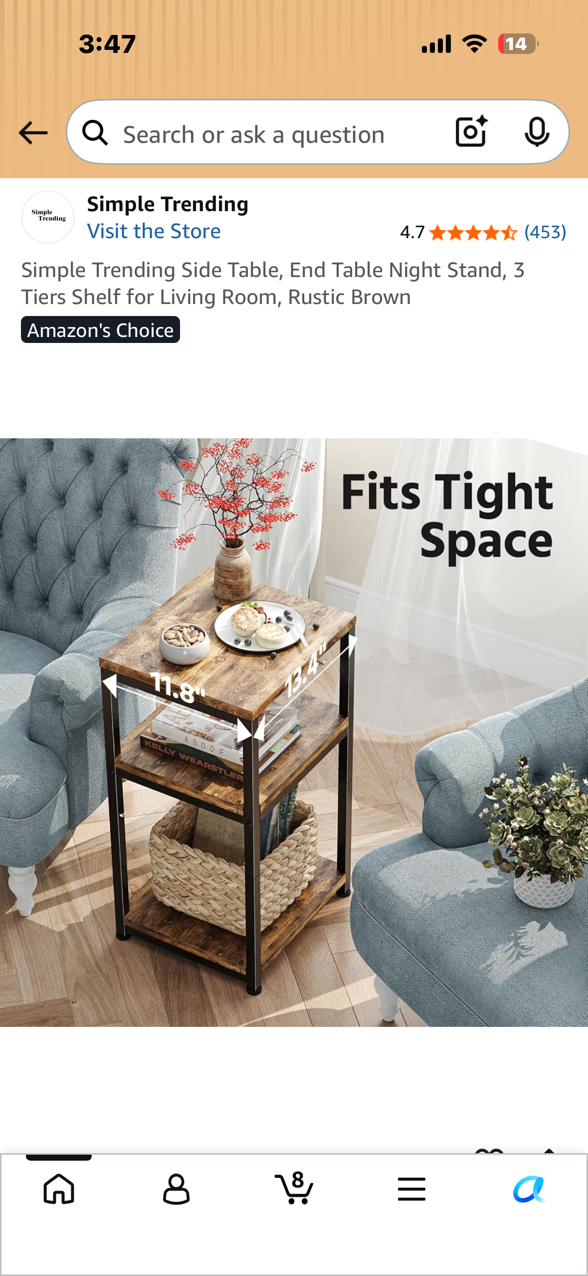 Simple Trending Side Table, End Table Night Stand, 3 Tiers Shelf for Living Room, Rustic Brown