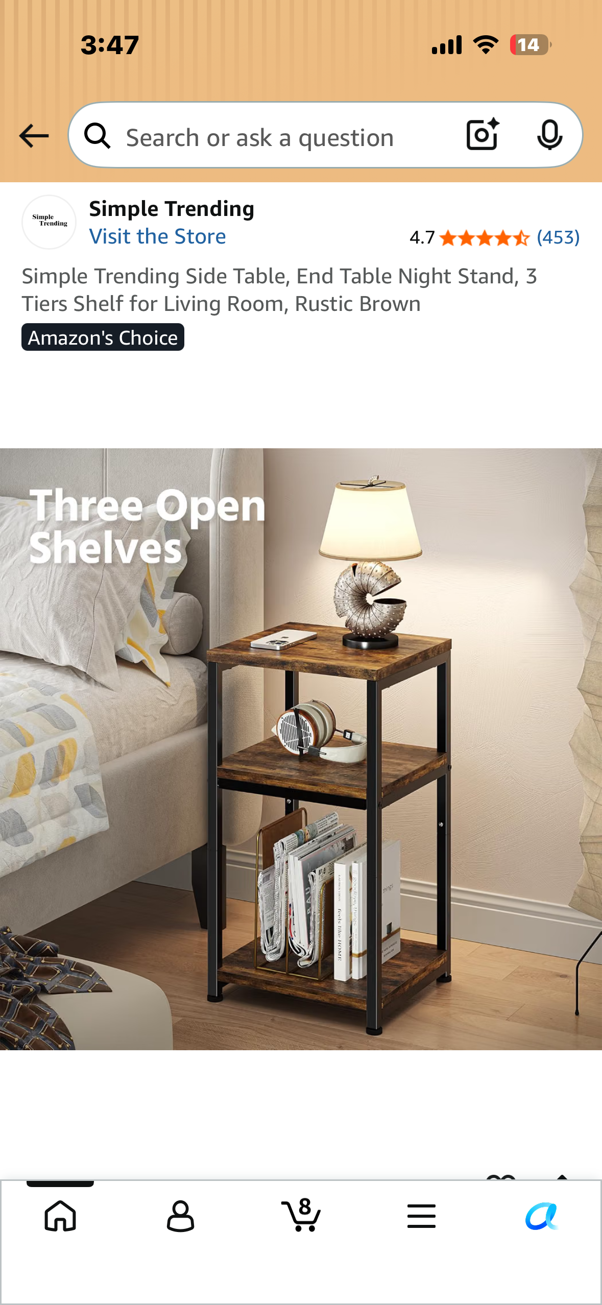 Simple Trending Side Table, End Table Night Stand, 3 Tiers Shelf for Living Room, Rustic Brown
