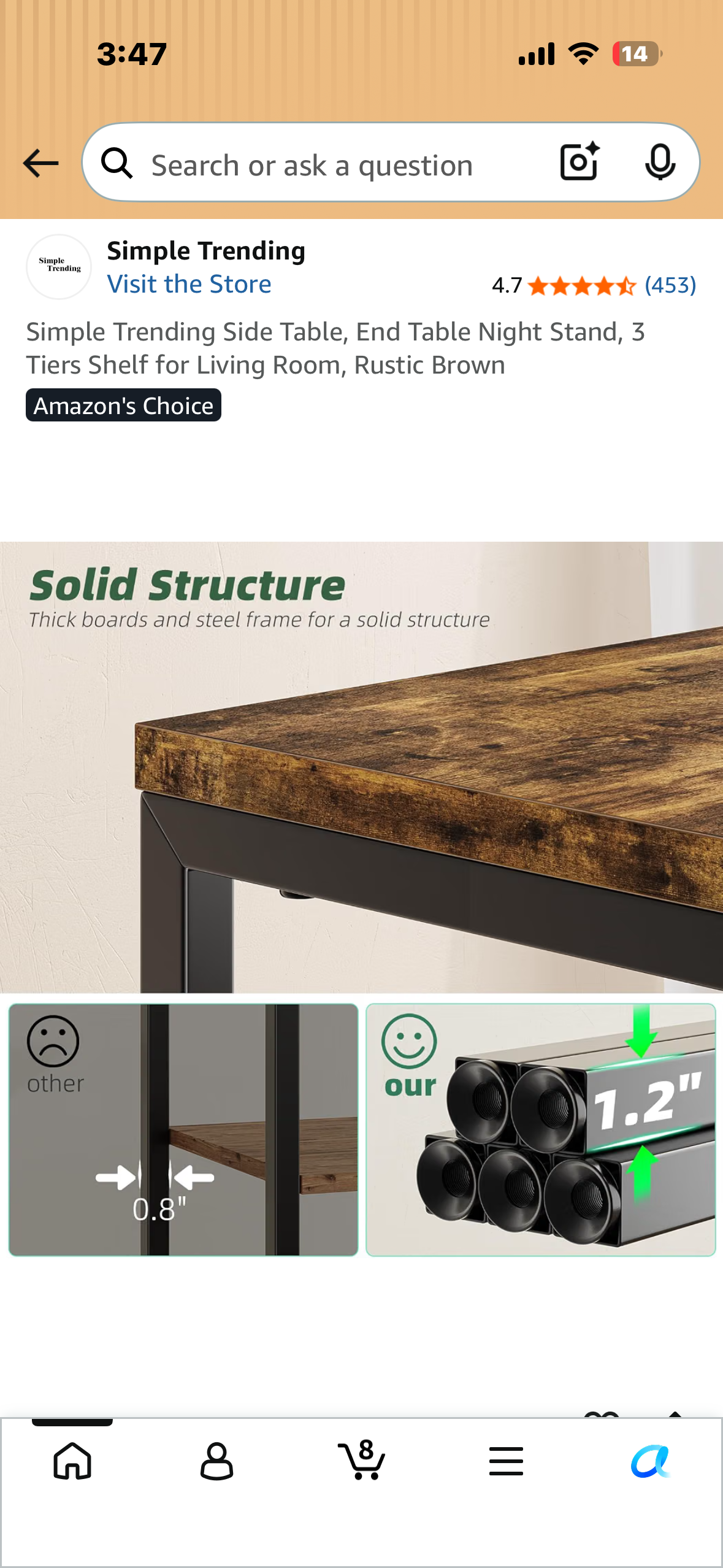 Simple Trending Side Table, End Table Night Stand, 3 Tiers Shelf for Living Room, Rustic Brown