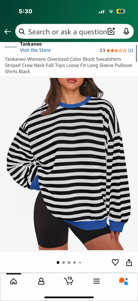 Tankaneo Womens Oversized Color Block Sweatshirts Striped Crew Neck Fall Tops Loose Fit Long Sleeve Pullover Shirts Black