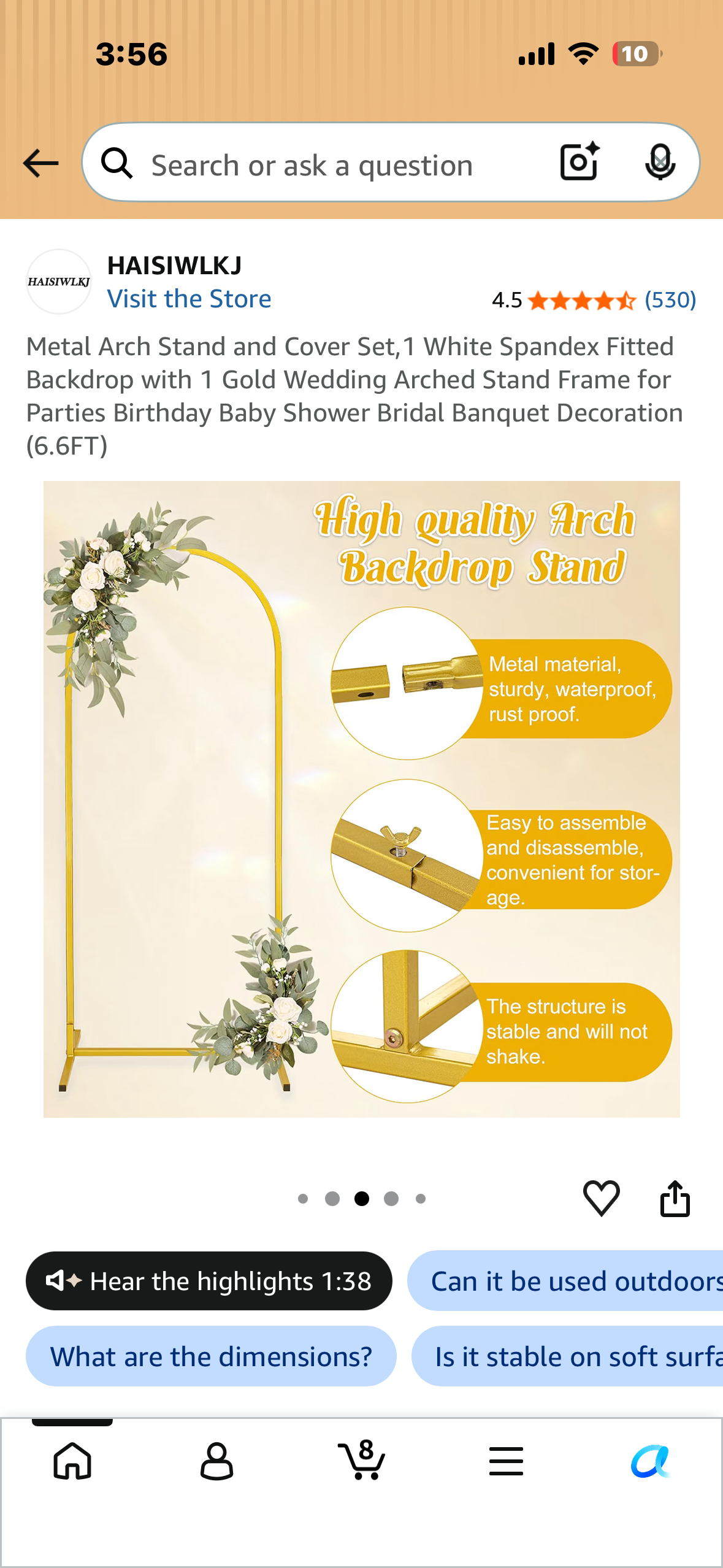 6.8FT Gold Wedding Arch Backdrop Stand, Balloon Arched Frame Stand with Wedding Arch Cover Spandex