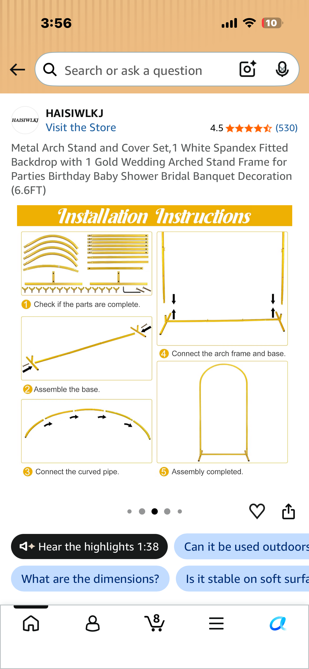 6.8FT Gold Wedding Arch Backdrop Stand, Balloon Arched Frame Stand with Wedding Arch Cover Spandex