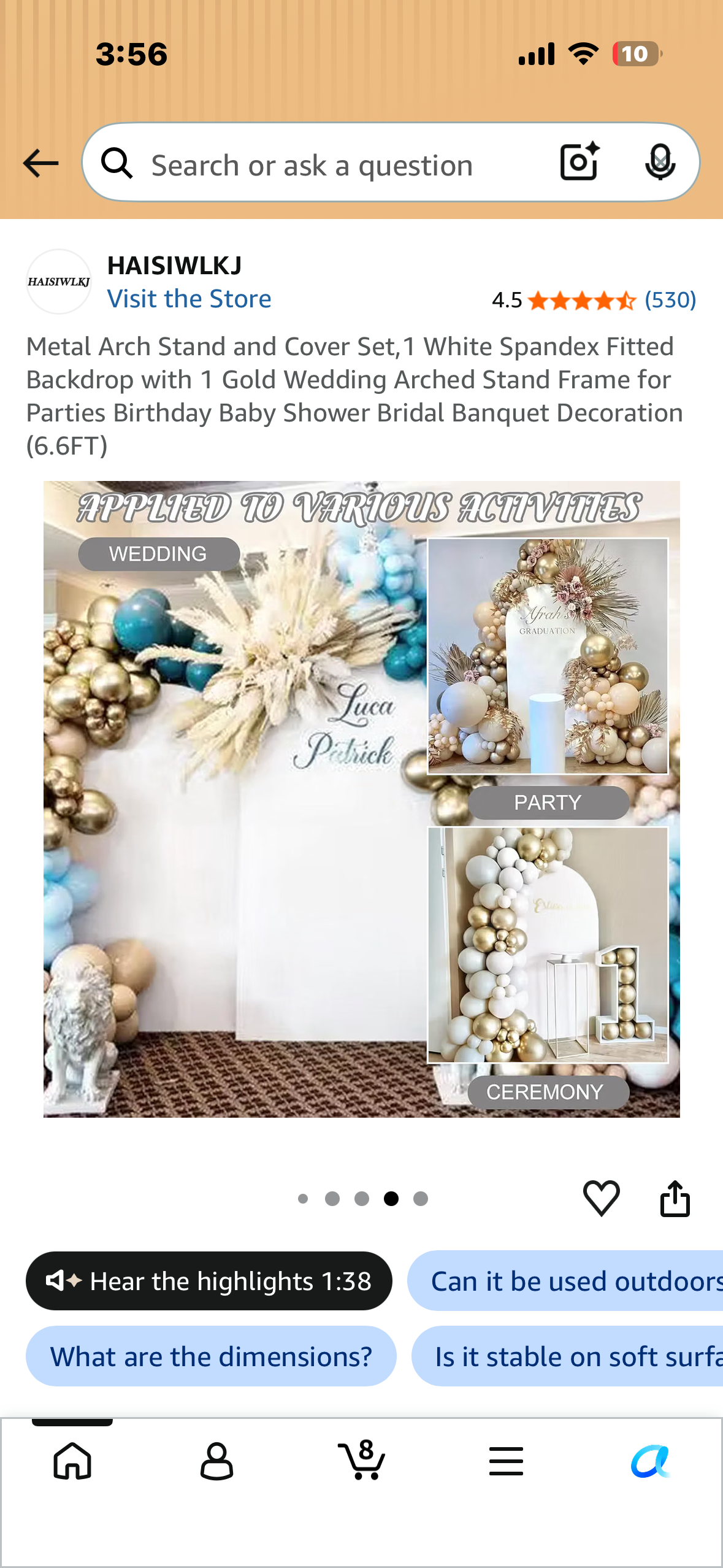 6.8FT Gold Wedding Arch Backdrop Stand, Balloon Arched Frame Stand with Wedding Arch Cover Spandex