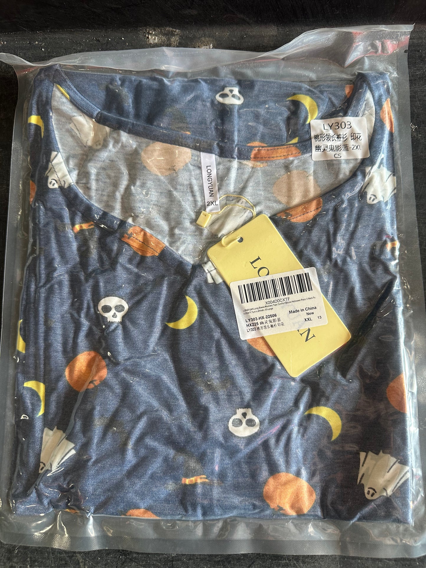 LONGYUAN Women's Long Sleeve Top, V-Neck, Plus Size Halloween Blue (Size 2XL)