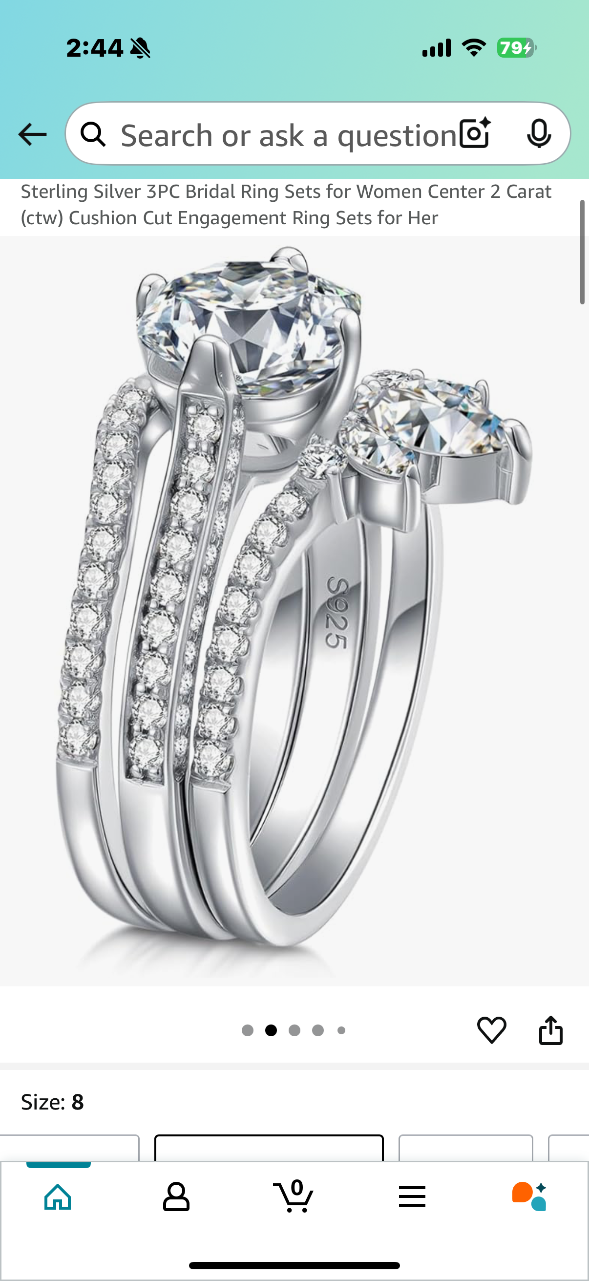 Sterling Silver 3PC Bridal Ring Sets for Women Center 2 Carat (ctw) Cushion Cut Engagement Ring Sets for Her Size 8