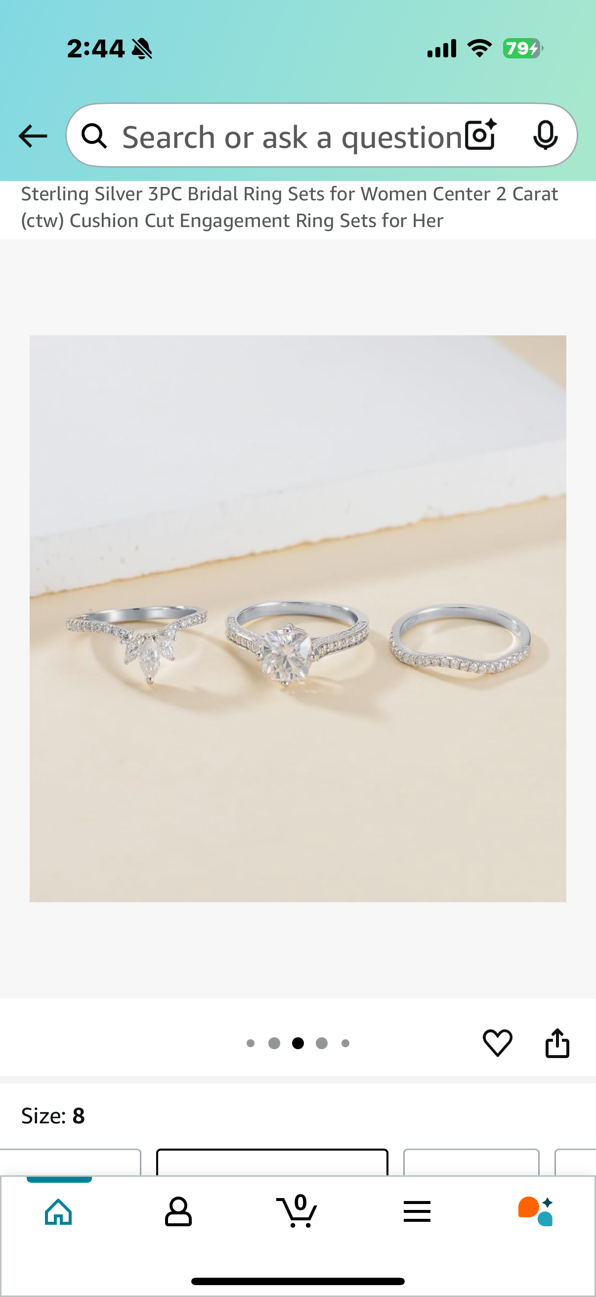 Sterling Silver 3PC Bridal Ring Sets for Women Center 2 Carat (ctw) Cushion Cut Engagement Ring Sets for Her Size 8