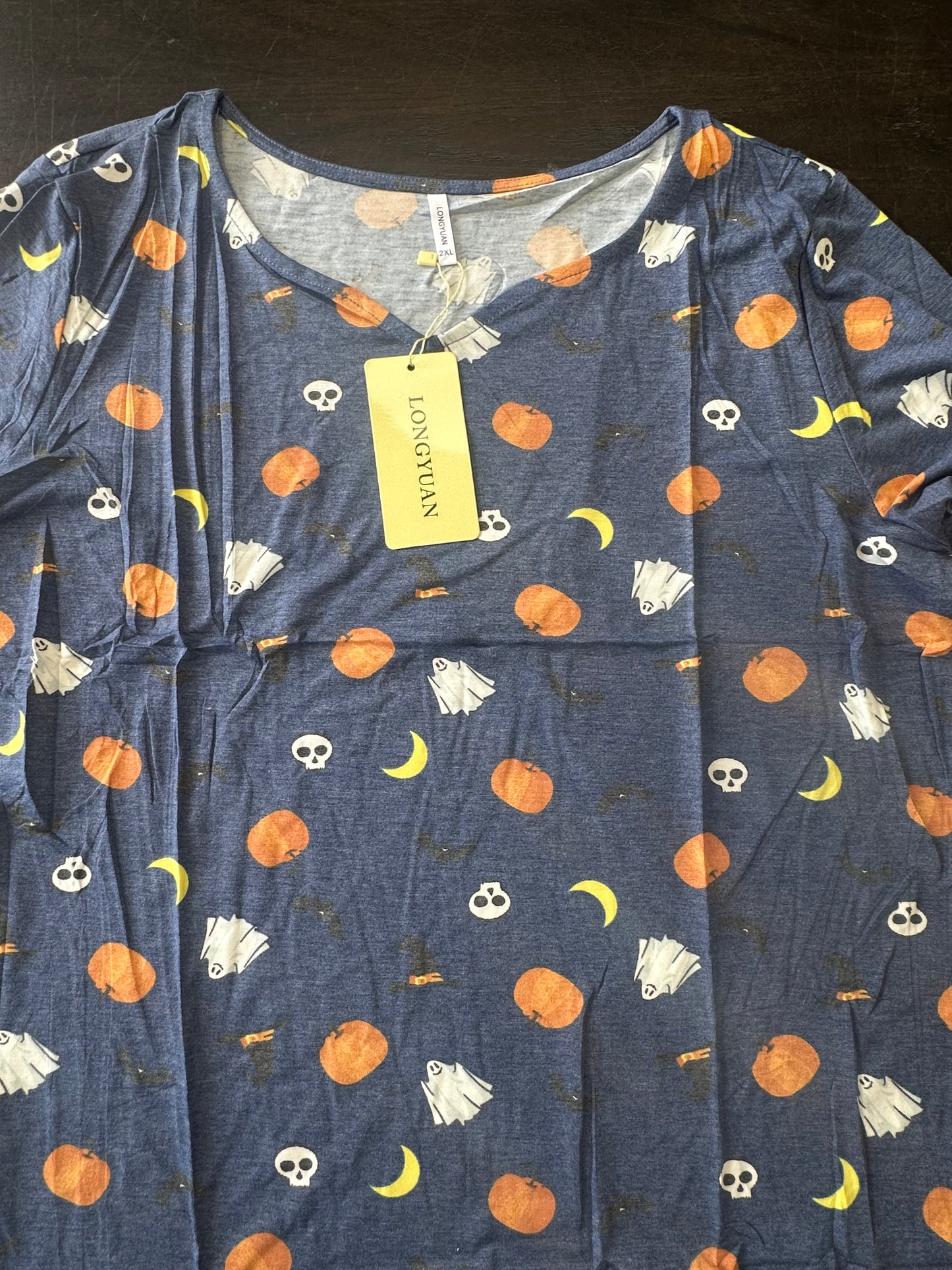 LONGYUAN Women's Long Sleeve Top, V-Neck, Plus Size Halloween Blue (Size 2XL)