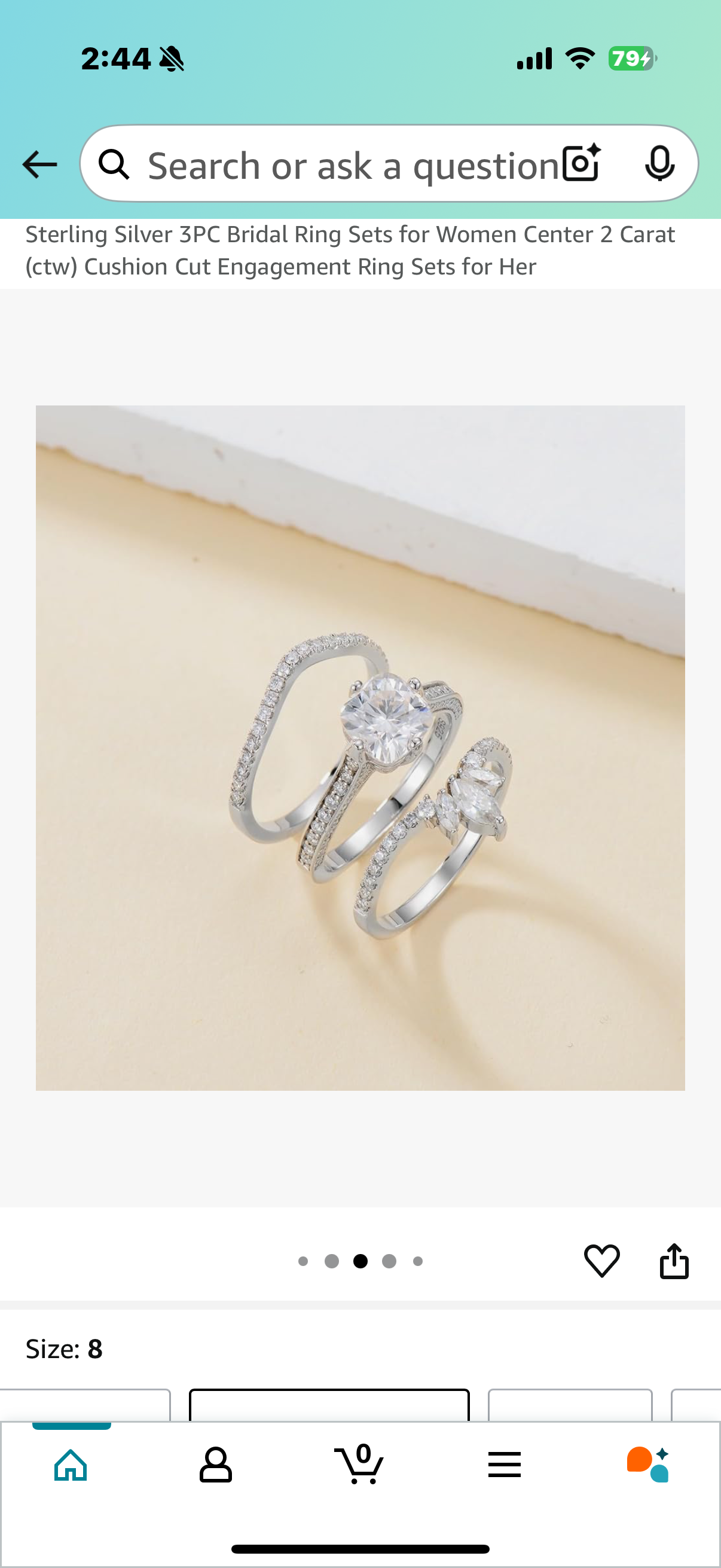 Sterling Silver 3PC Bridal Ring Sets for Women Center 2 Carat (ctw) Cushion Cut Engagement Ring Sets for Her Size 8