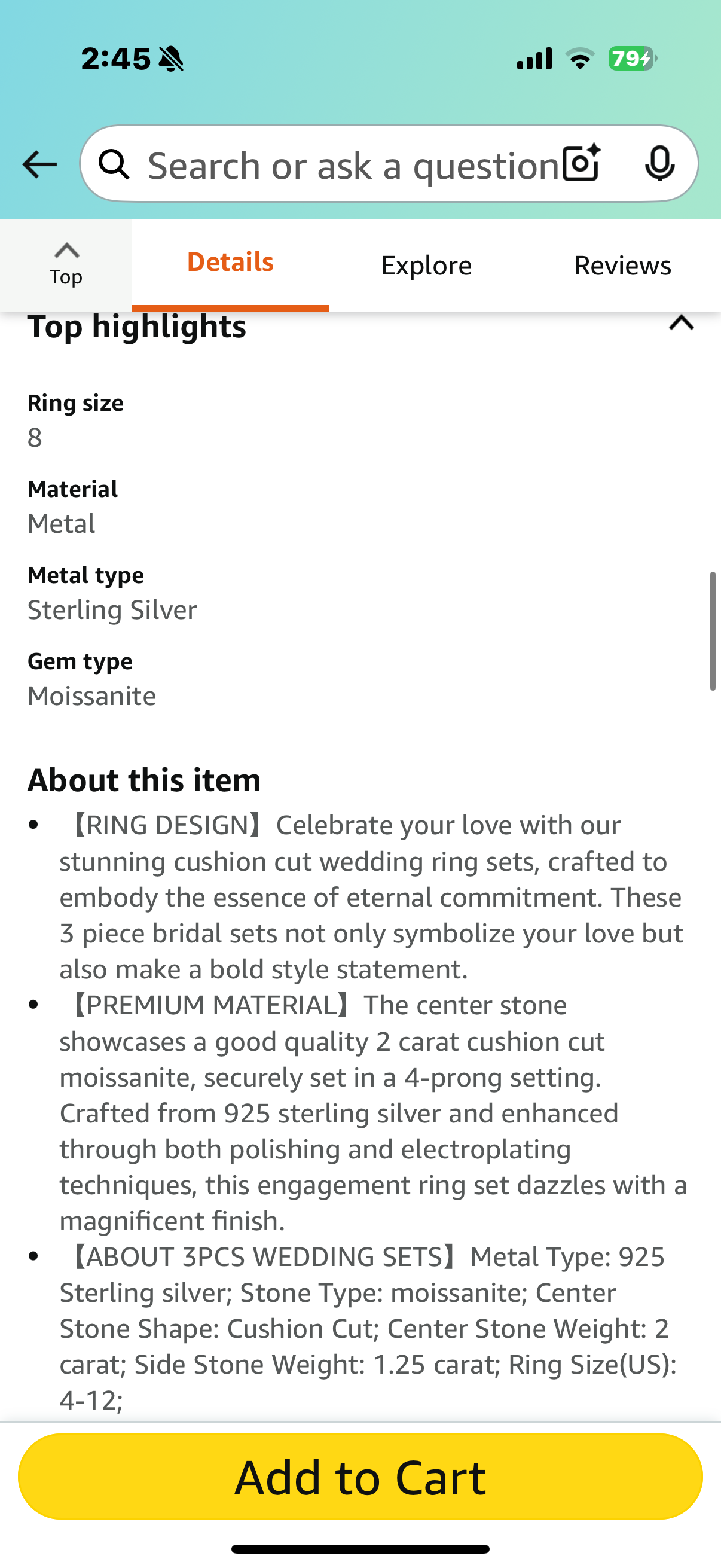 Sterling Silver 3PC Bridal Ring Sets for Women Center 2 Carat (ctw) Cushion Cut Engagement Ring Sets for Her Size 8
