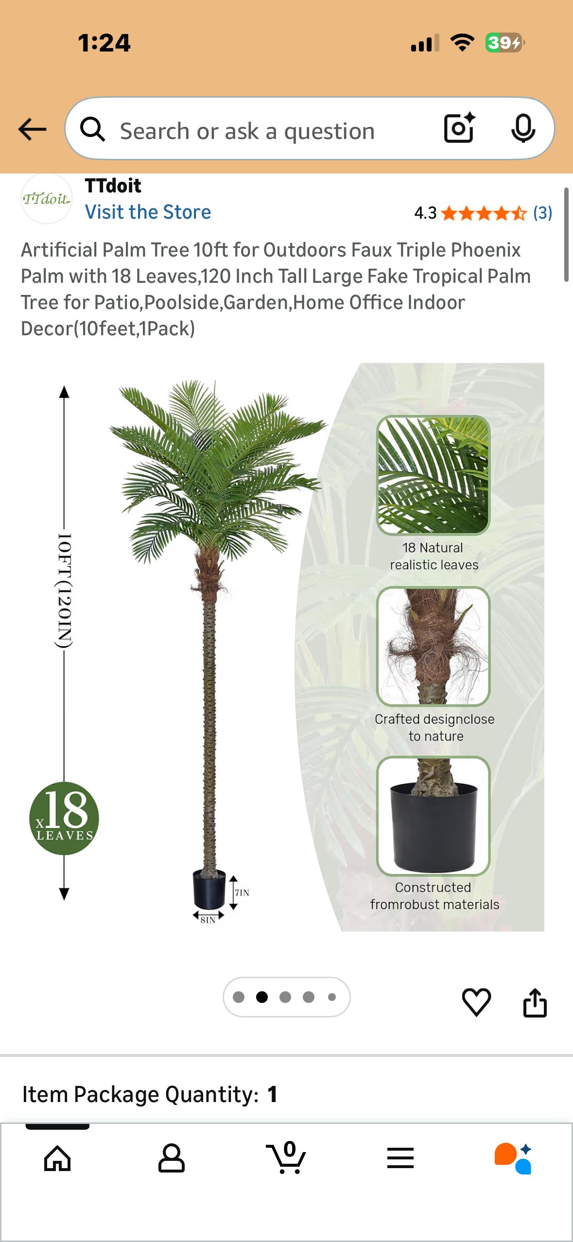 Artificial Palm Tree, 10ft for Outdoors, Faux Triple Phoenix Palm with 18 Leaves, 120 Inch Tall Large Tropical Palm Tree for Patio, Poolside, Garden, Home, Office Decor (10feet,1Pack) (L1161)