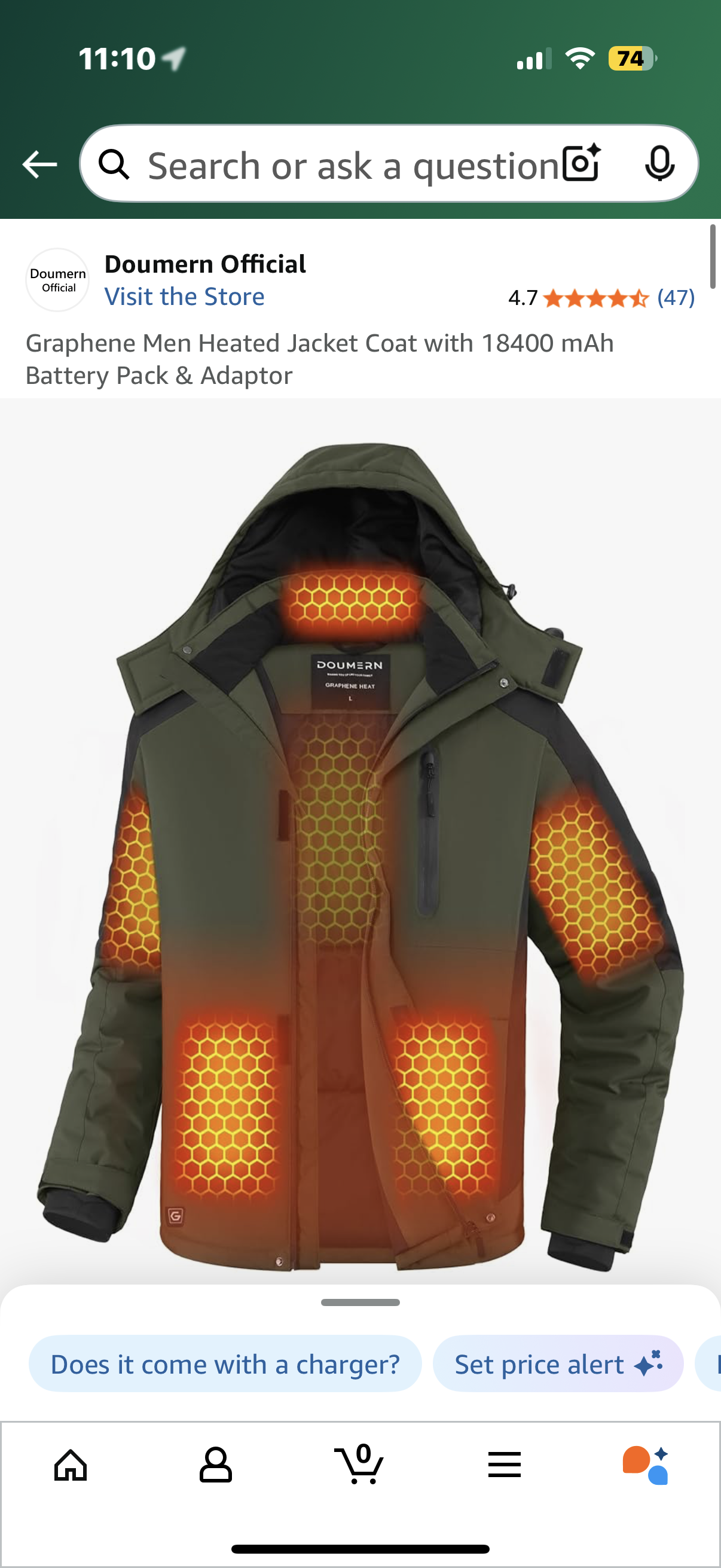 Graphene Men Heated Jacket Coat with 18400 mAh Battery Pack & Adaptor (Size Large)