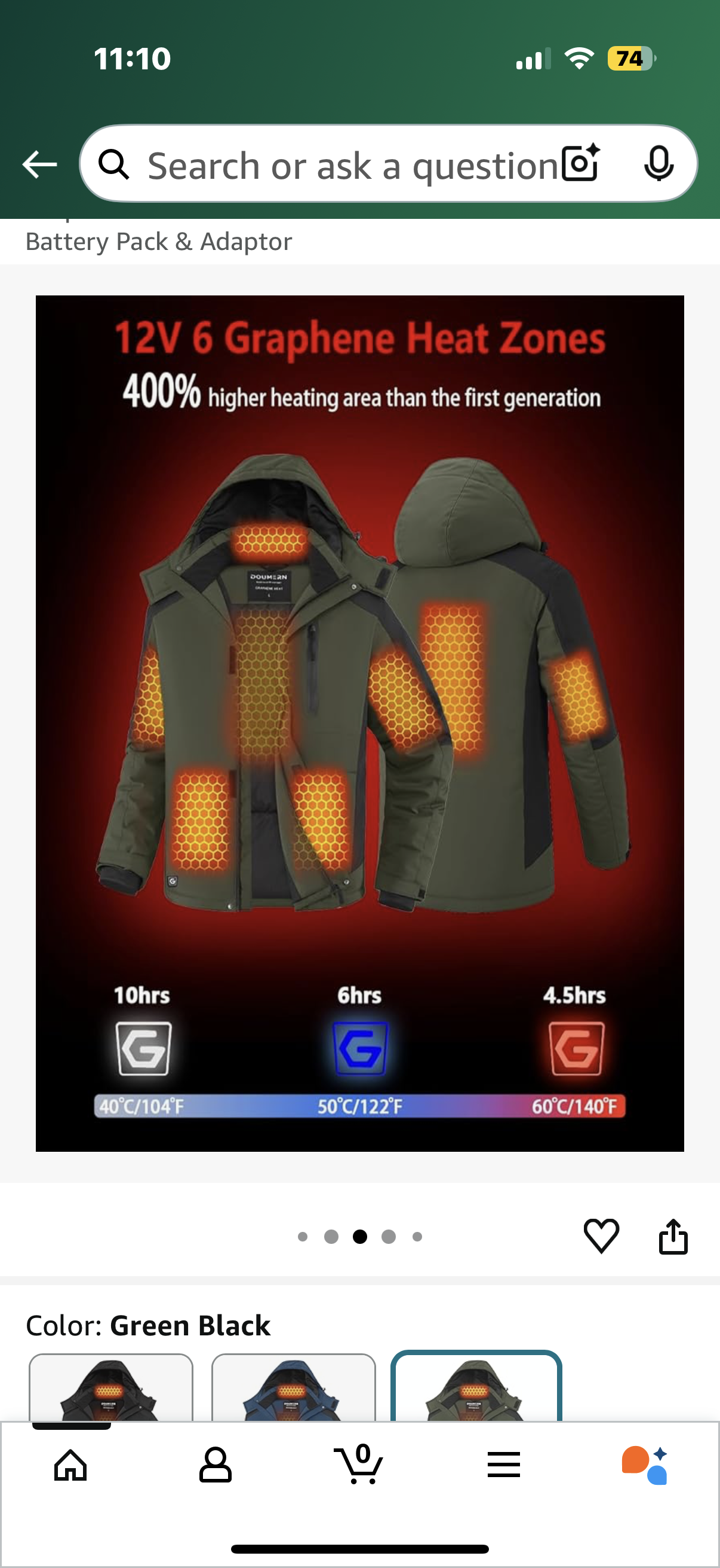 Graphene Men Heated Jacket Coat with 18400 mAh Battery Pack & Adaptor (Size Large)