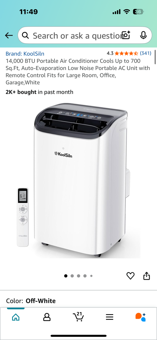 14,000 BTU Portable Air Conditioner Cools Up to 700 Sq.Ft, Auto-Evaporation Low Noise Portable AC Unit with Remote Control Fits for Large Room, Office, Garage,White (R630)
